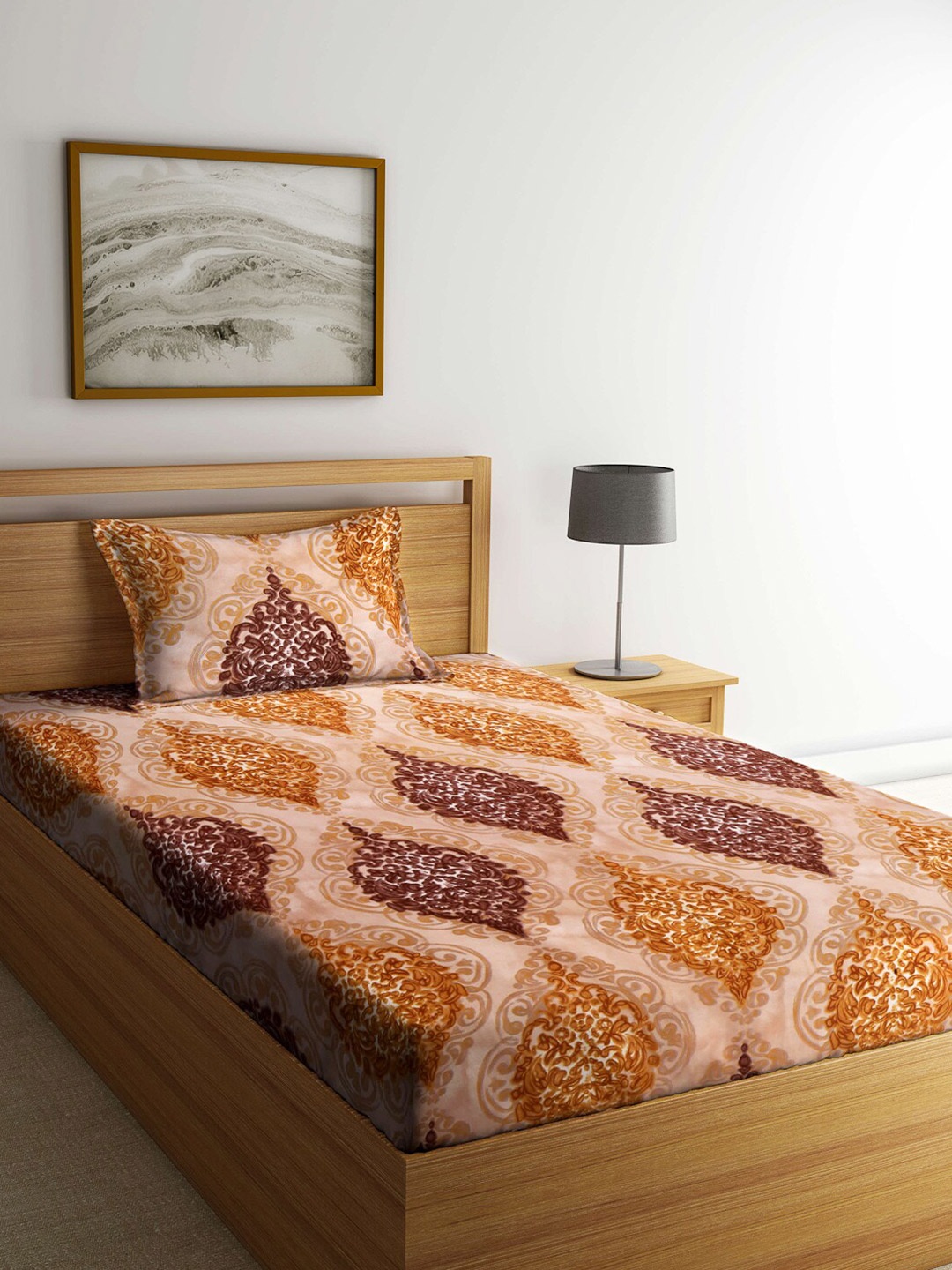 

KLOTTHE Brown & Orange Ethnic Motifs 210 TC Single Bedsheet with 1 Pillow Covers