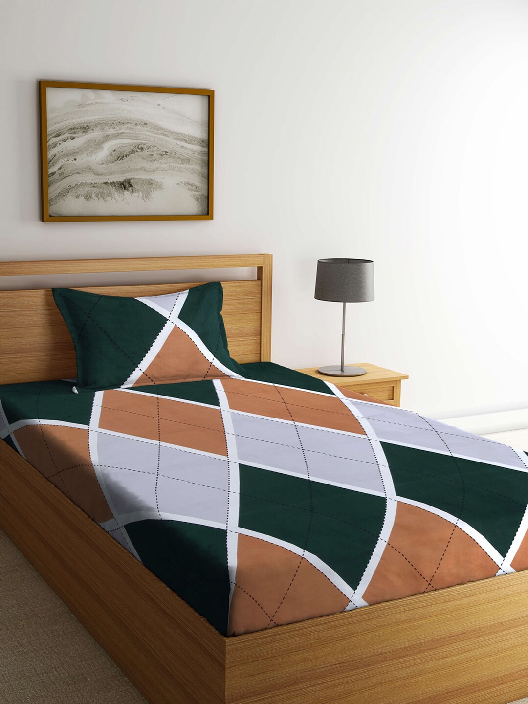 

KLOTTHE Geometric 300 TC Single Bedsheet with 1 Pillow Cover, Teal