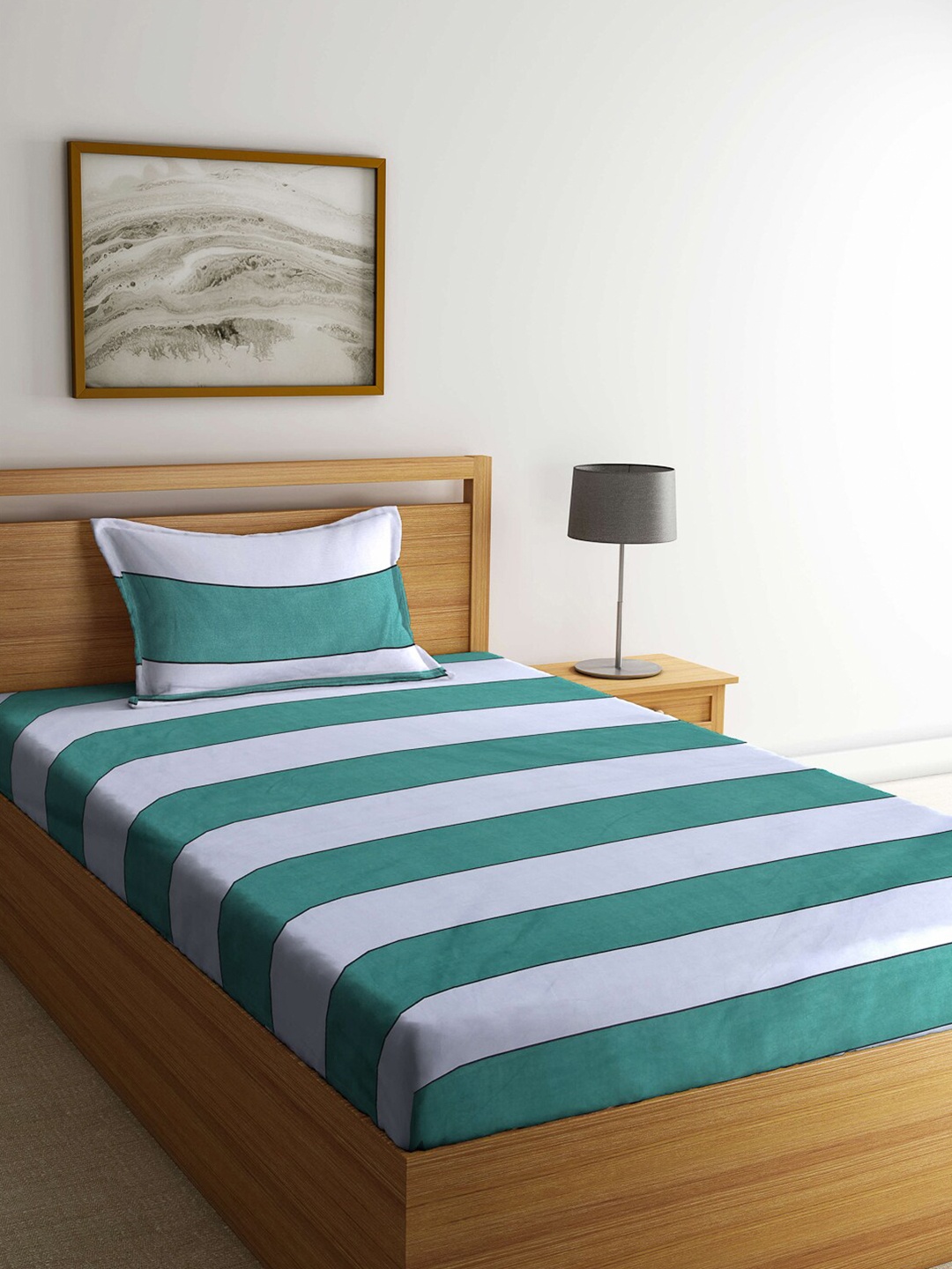 

KLOTTHE Teal & Grey Striped 210 TC Single Bedsheet with 1 Pillow Covers