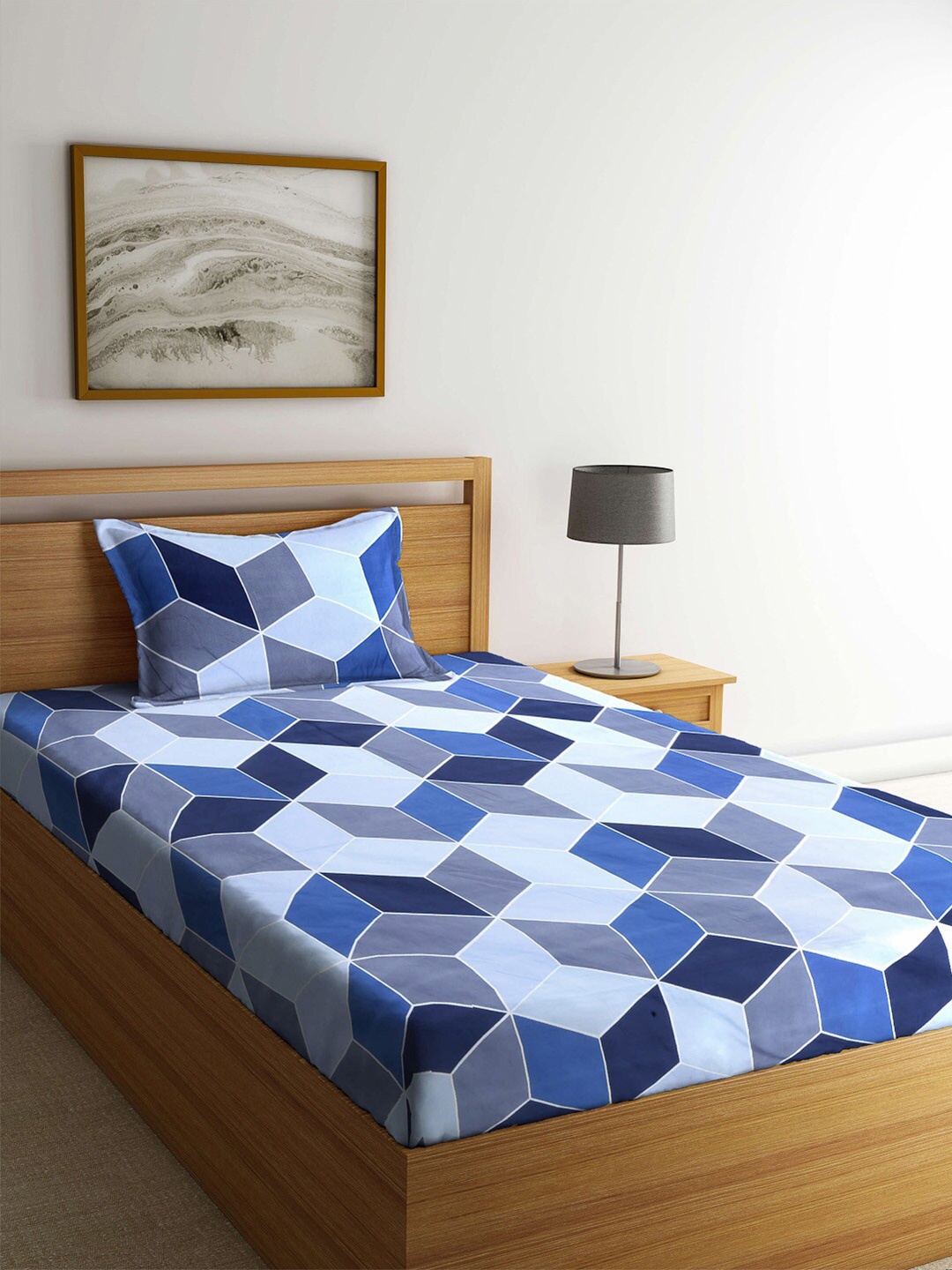 

KLOTTHE Blue & Grey Geometric 210 TC Single Bedsheet with 1 Pillow Covers