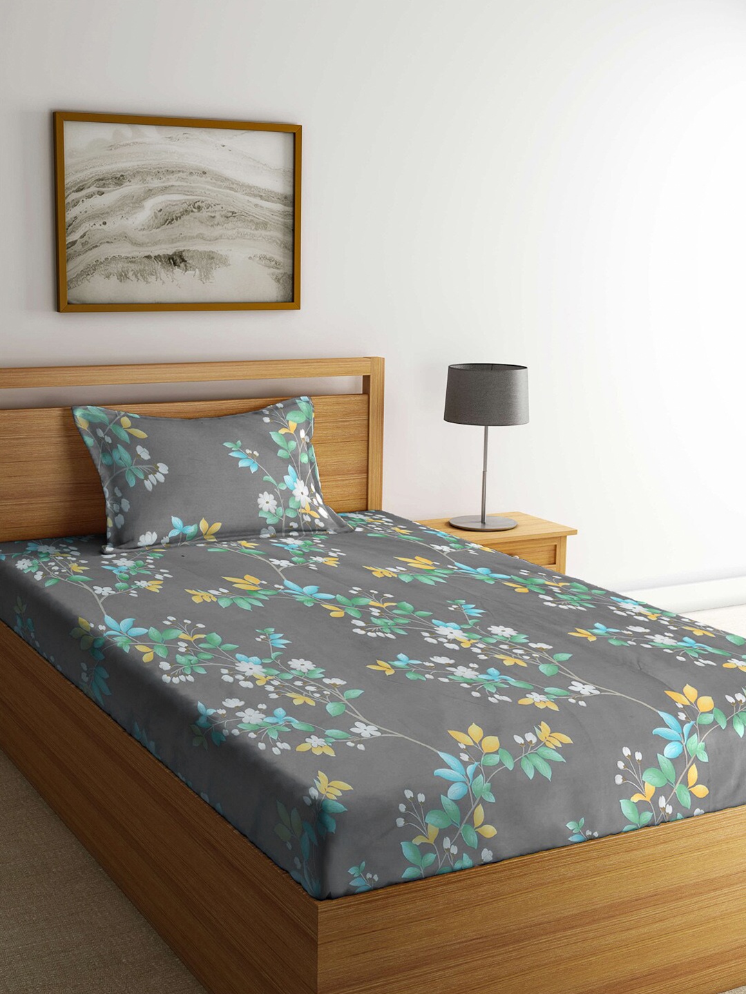 

KLOTTHE Floral Print 300 TC Single Bedsheet with 1 Pillow Cover, Grey