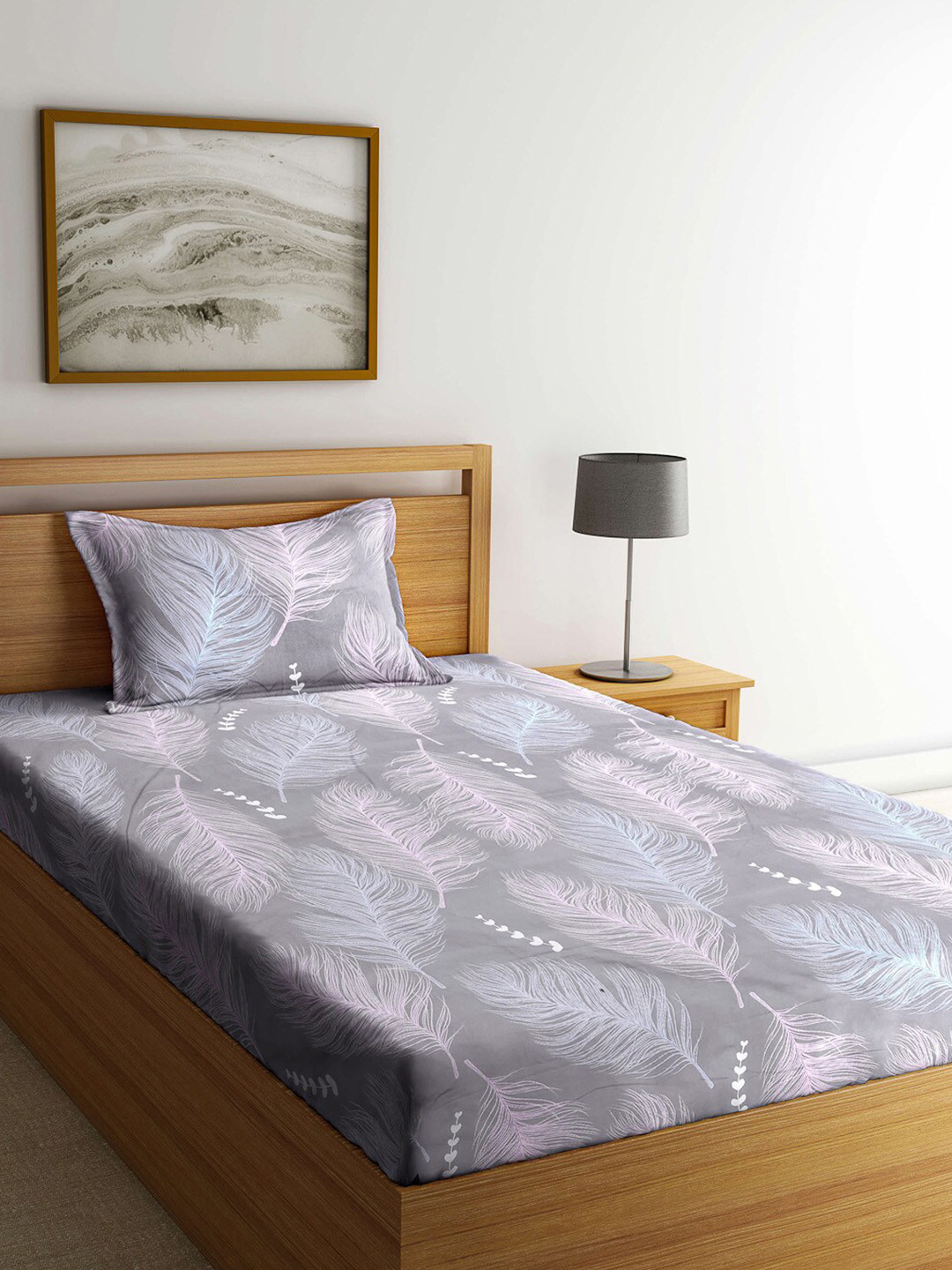 

KLOTTHE Grey & White Floral 210 TC Single Bedsheet with 1 Pillow Covers