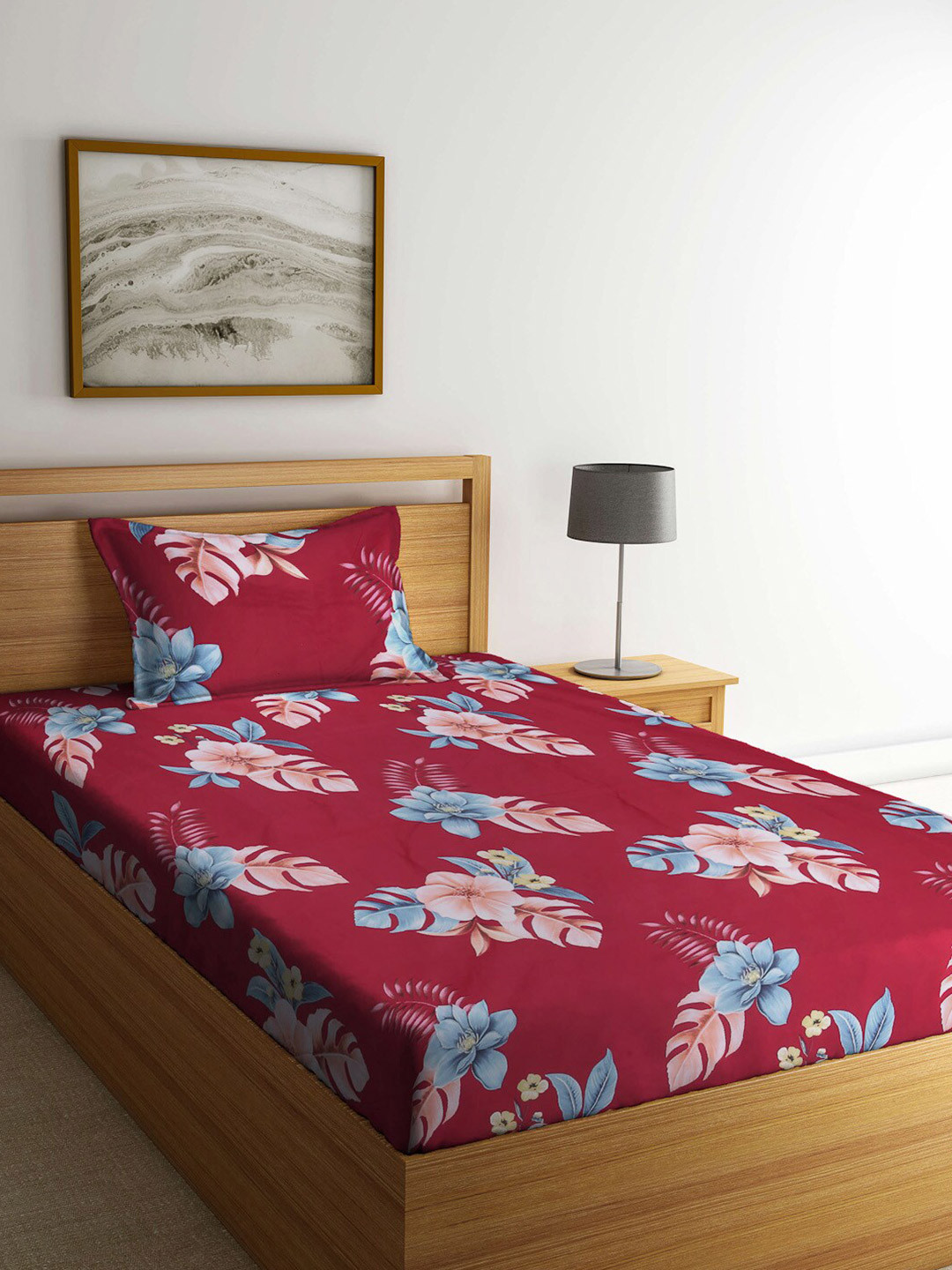 

KLOTTHE Red & Blue Floral 210 TC Single Bedsheet with 1 Pillow Covers