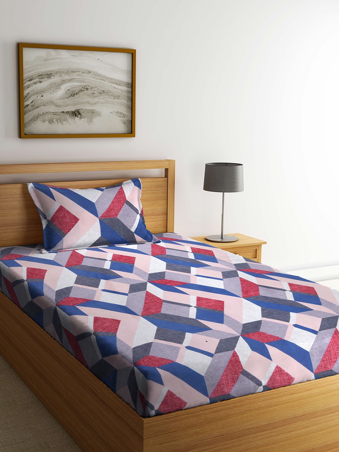 

KLOTTHE White & Red Geometric 210 TC Single Bedsheet with 1 Pillow Covers