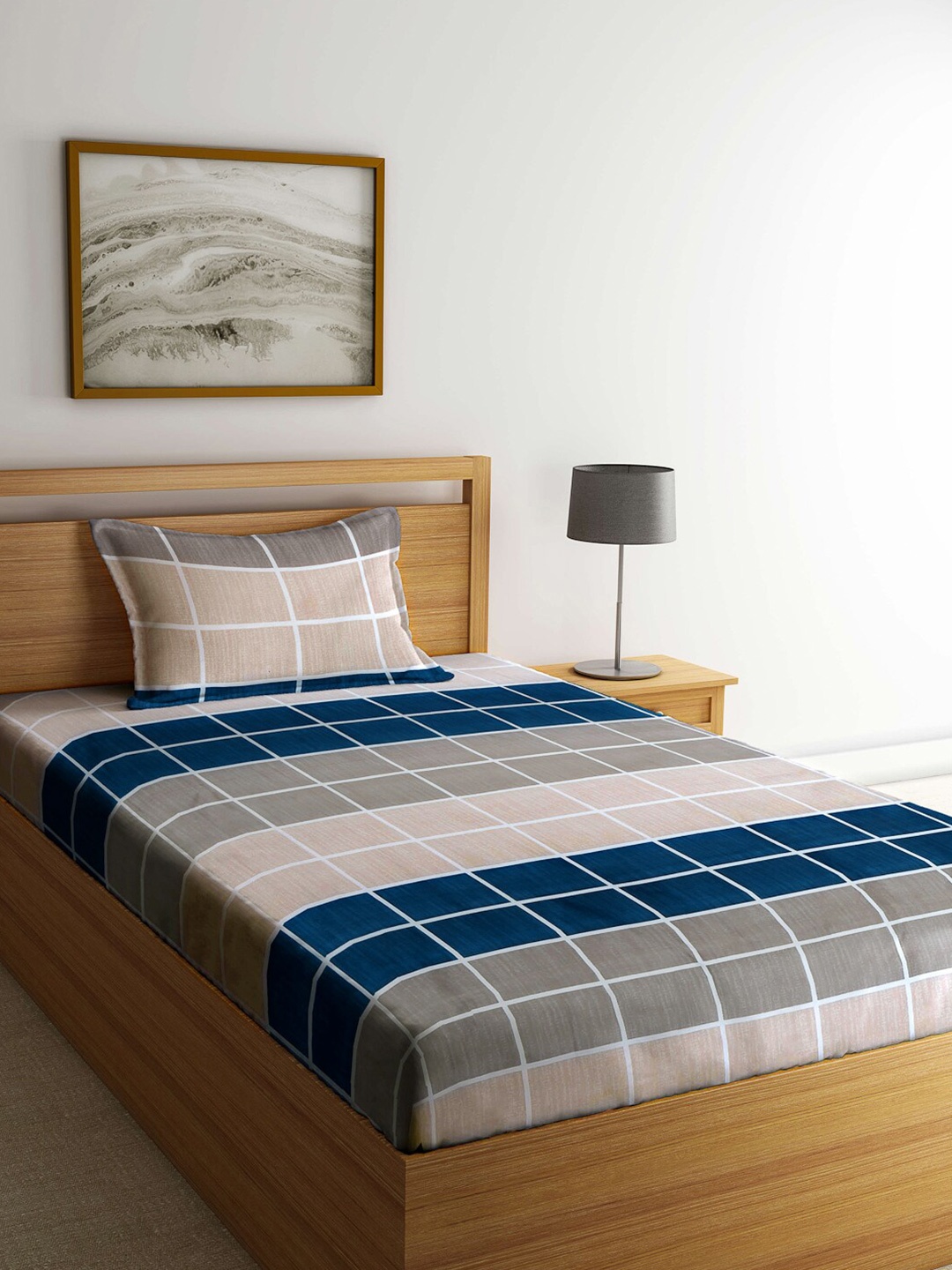 

KLOTTHE Checked 300 TC Single Bedsheet with 1 Pillow Cover, Peach