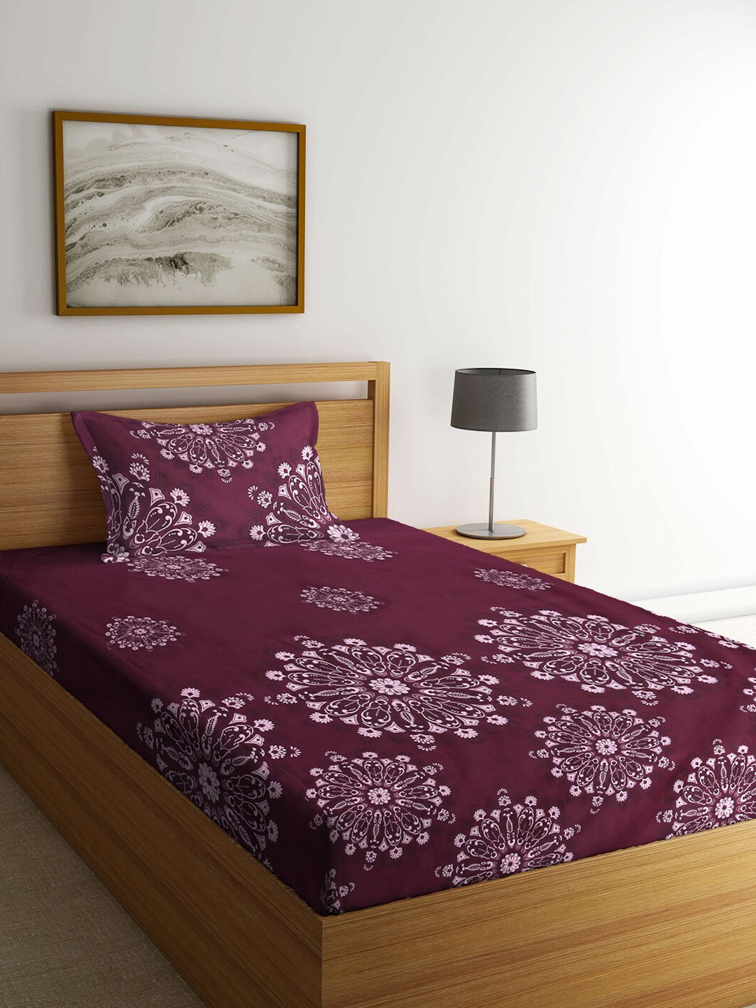 

KLOTTHE Maroon Ethnic Motifs 210 TC Cotton Blend Single Bed Sheet with Pillow Cover