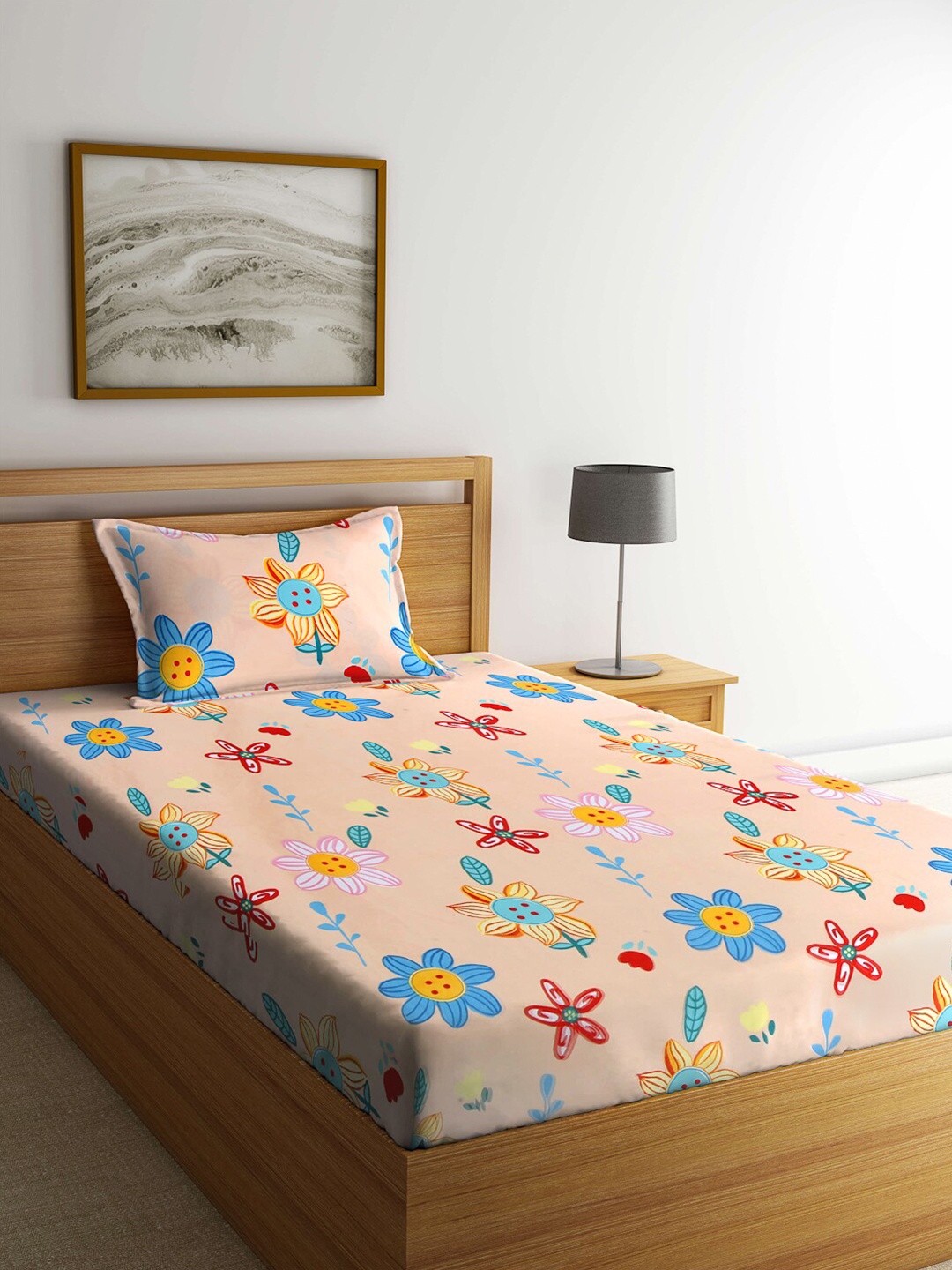 

KLOTTHE Peach-Coloured & Blue Floral 210 TC Single Bedsheet with 1 Pillow Covers