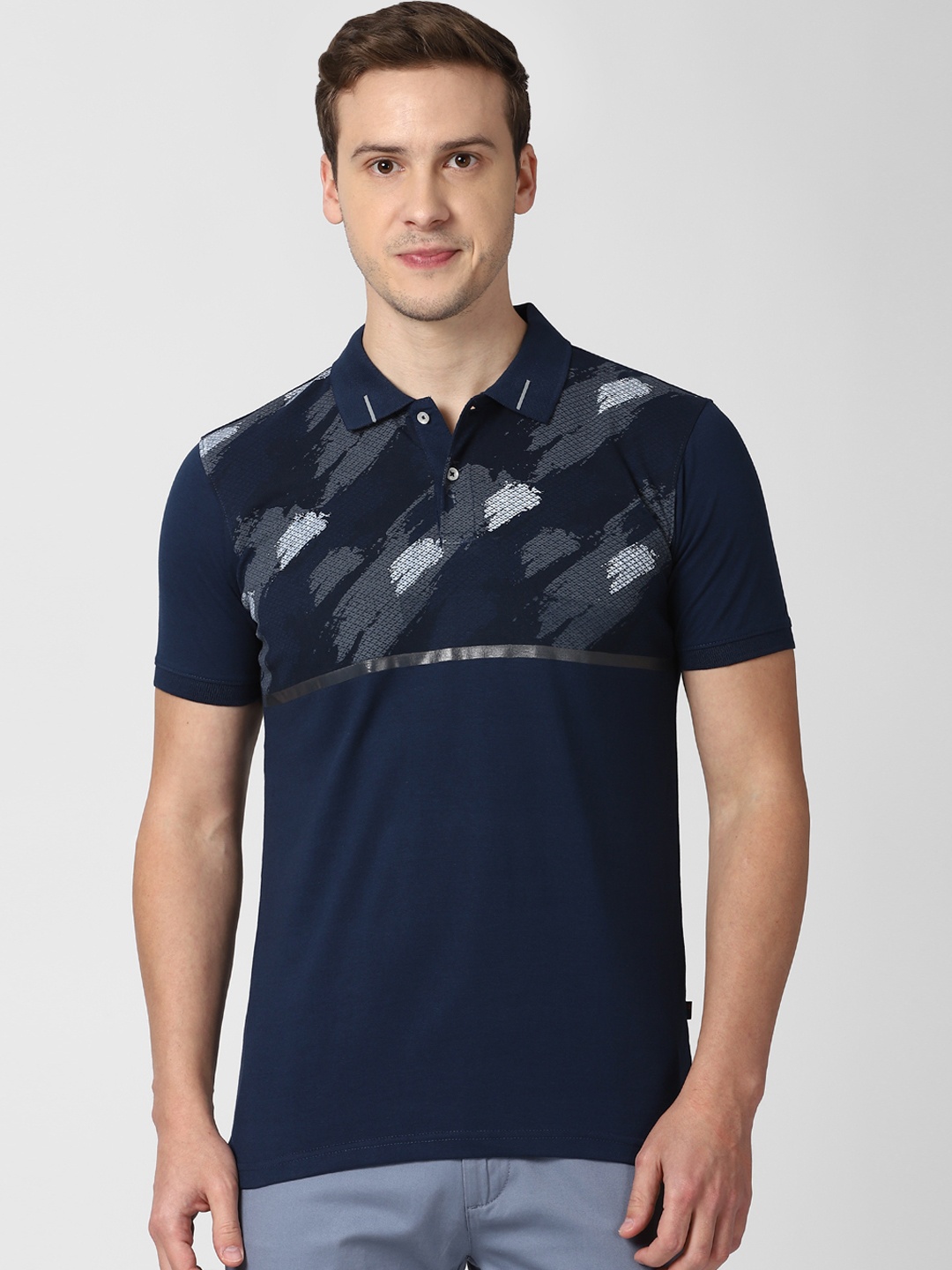

Peter England Casuals Men Navy Blue Printed Polo Collar Slim Fit T-shirt