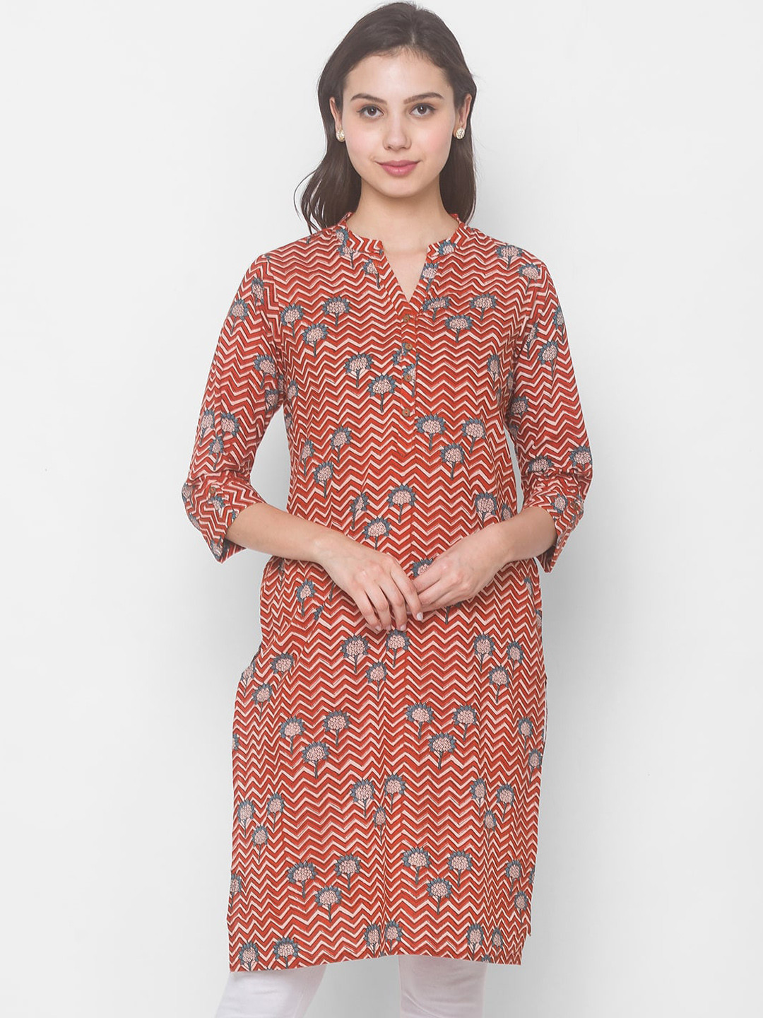 

Globus Women Rust & Green Ethnic Motifs Printed Cotton Kurta