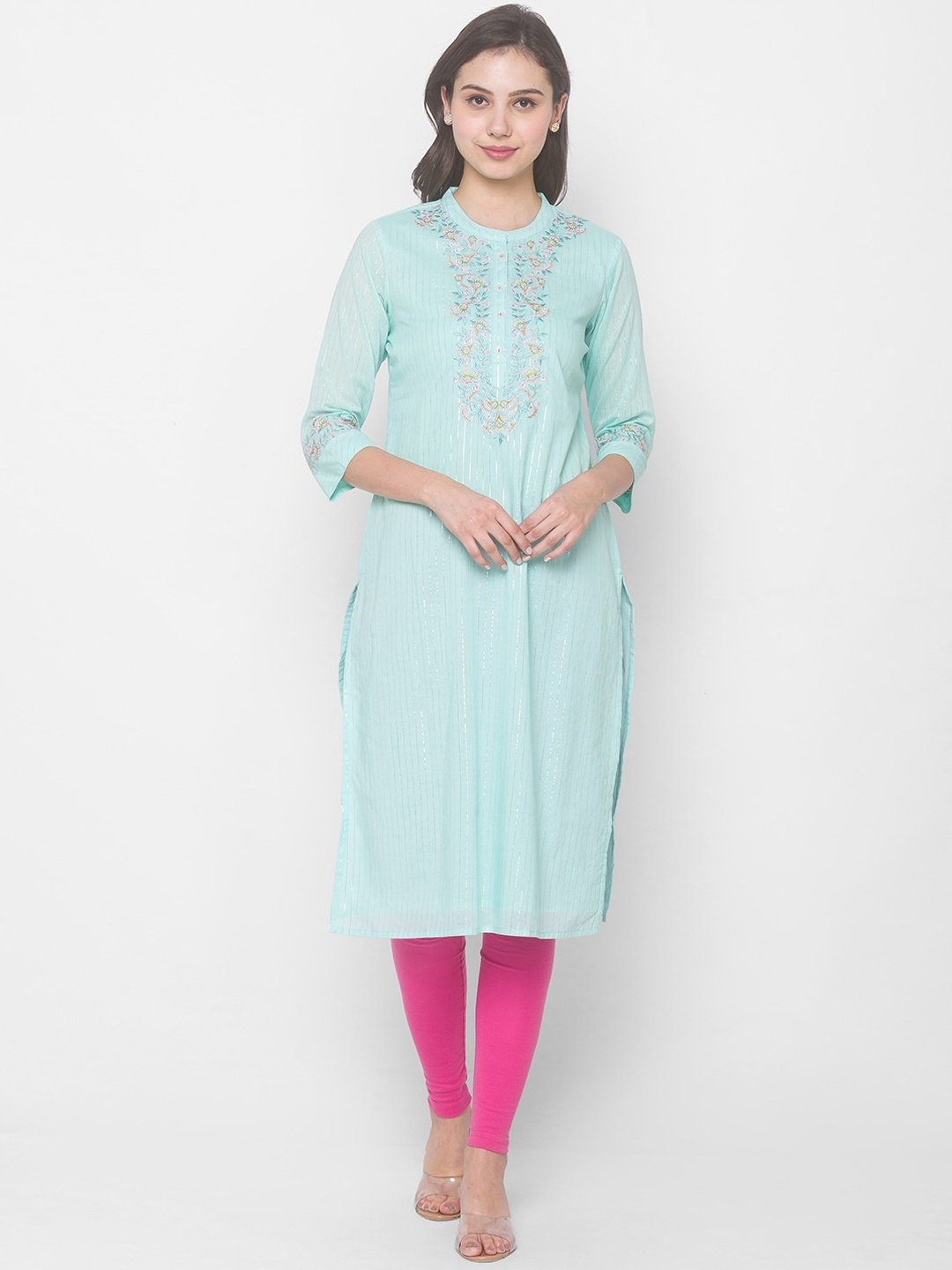 

Globus Women Blue Ethnic Motifs Embroidered Flared Sleeves Gotta Patti Kurta