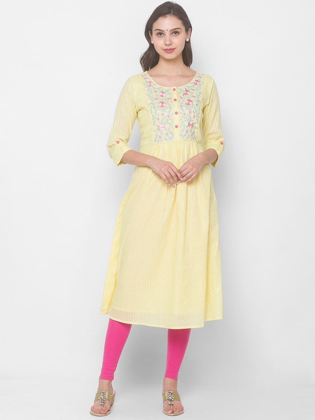 

Globus Women Yellow Ethnic Motifs Yoke Design Thread Work Kurta