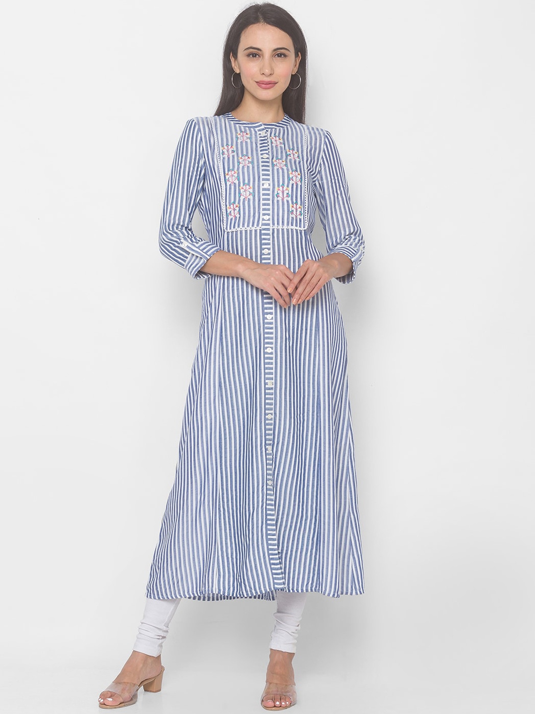 

Globus Women Blue Striped Thread Work Kurta