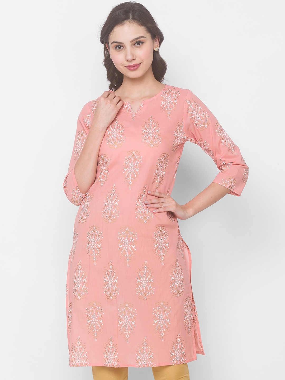 

Globus Women Peach-Coloured & White Ethnic Motifs Printed Cotton Kurta