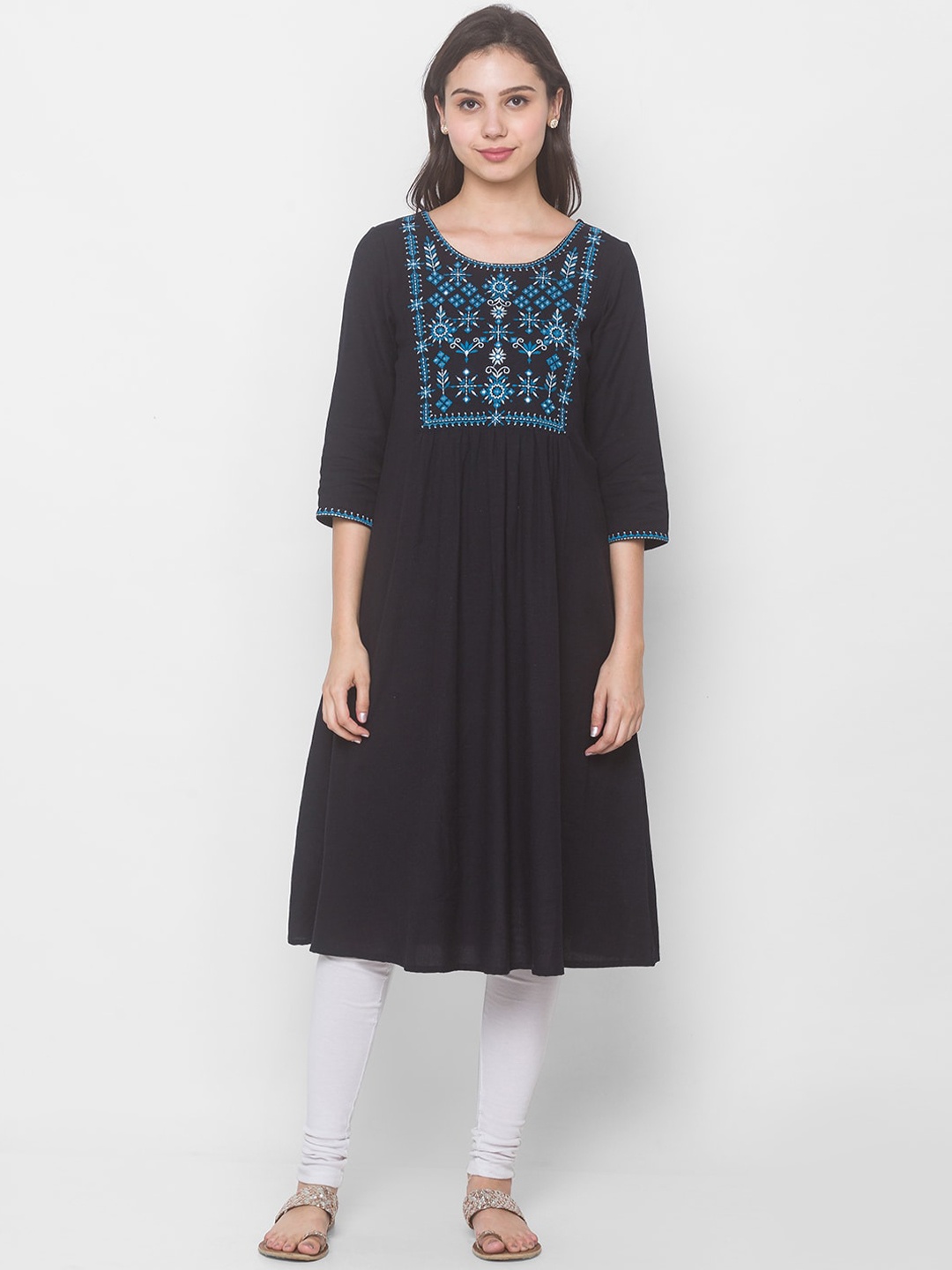 

Globus Women Black & Blue Ethnic Motifs Yoke Design Thread Work Kurta