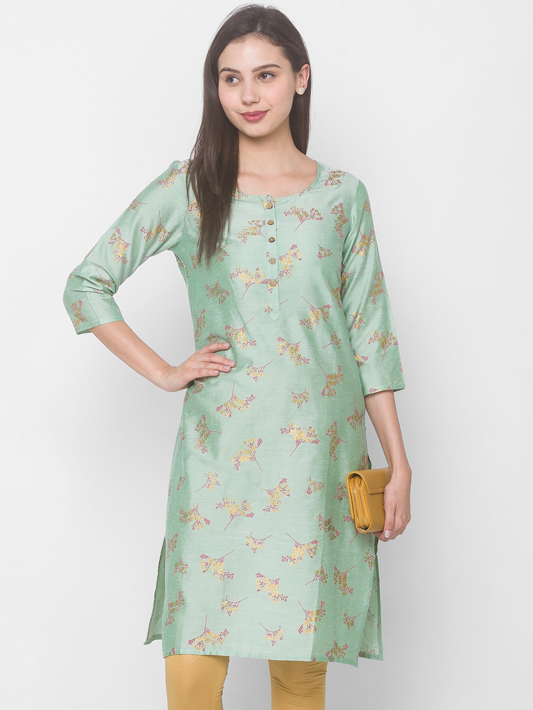 

Globus Women Green & Gold-Toned Ethnic Motifs Printed Kurta