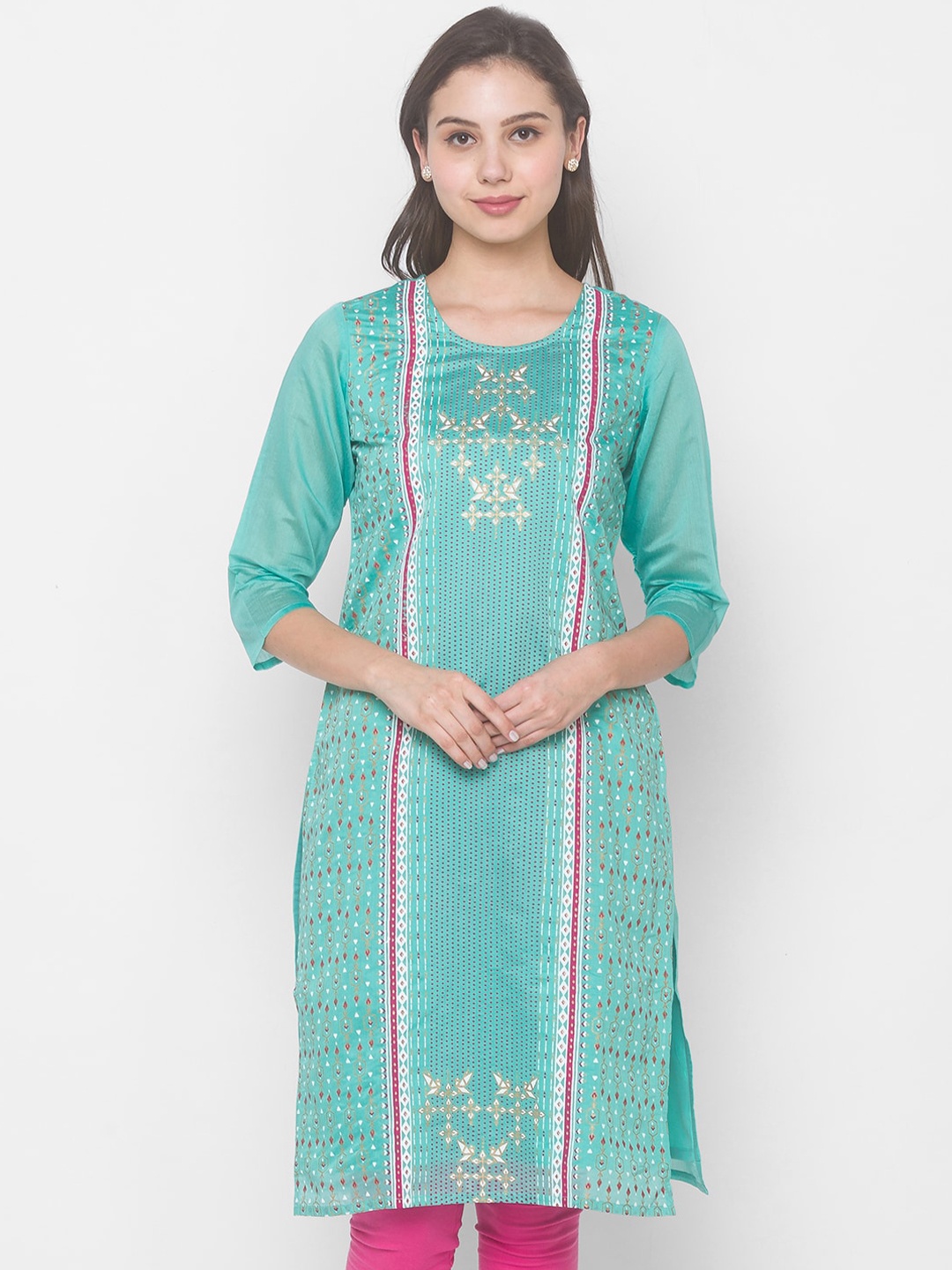 

Globus Women Green Geometric Chanderi Silk Chanderi Silk Kurta