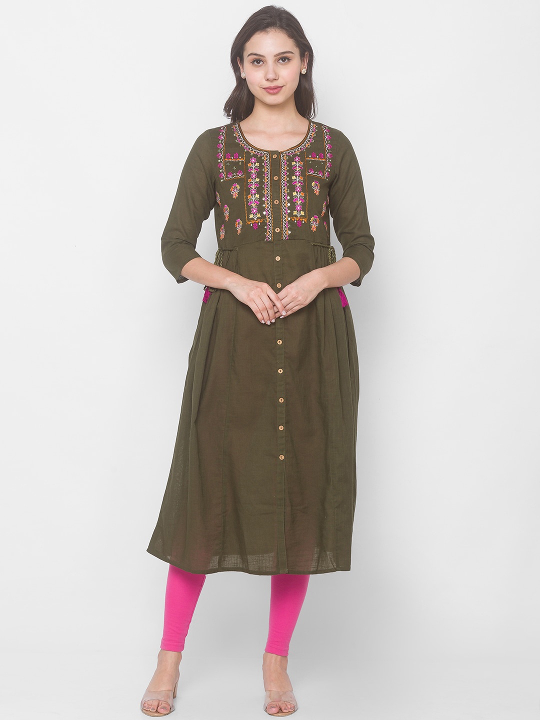 

Globus Women Olive Green Ethnic Motifs Embroidered Thread Work Kurta