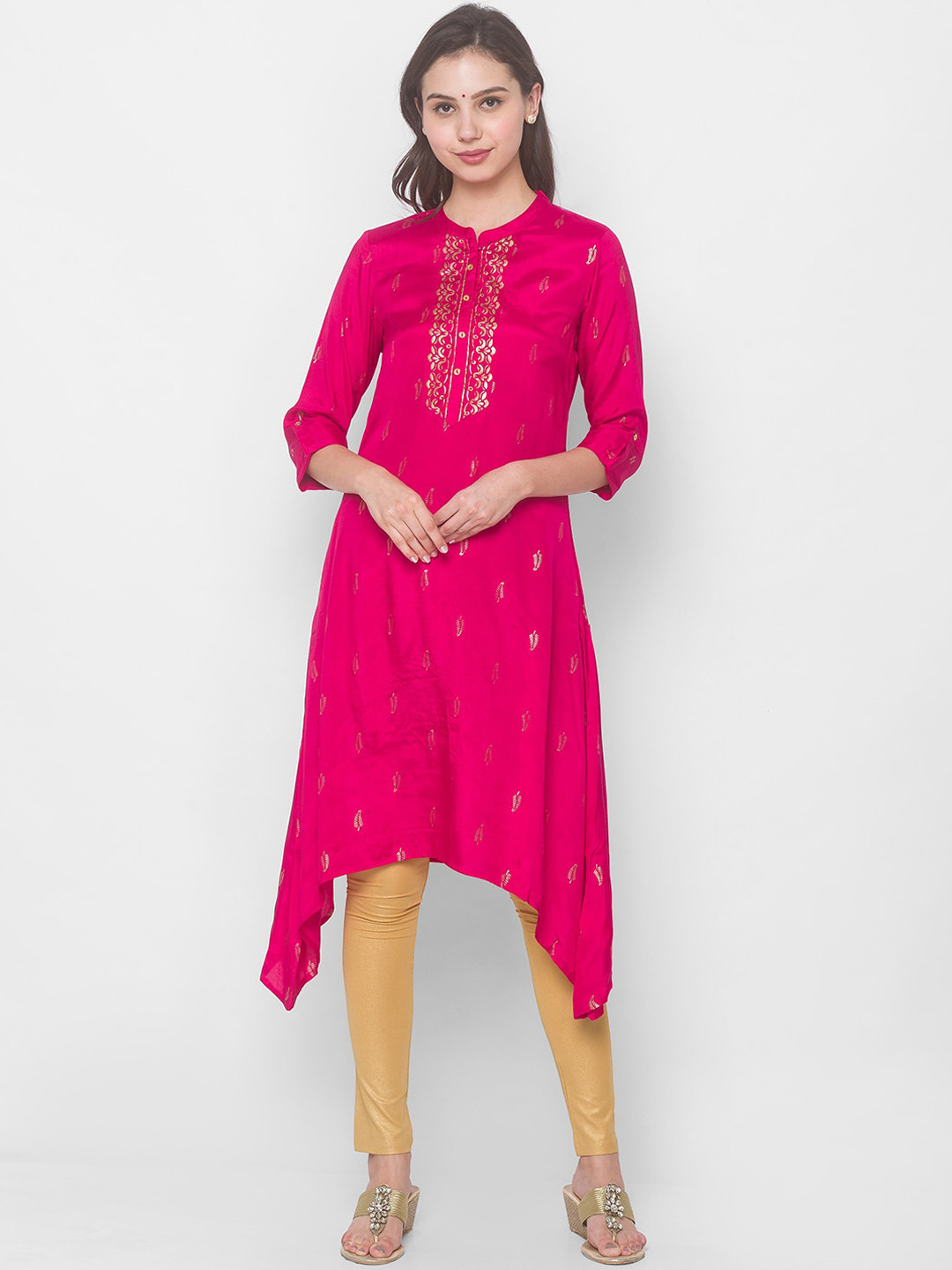 

Globus Women Fuchsia Pink & Gold-Toned Ethnic Motifs Printed Kurta