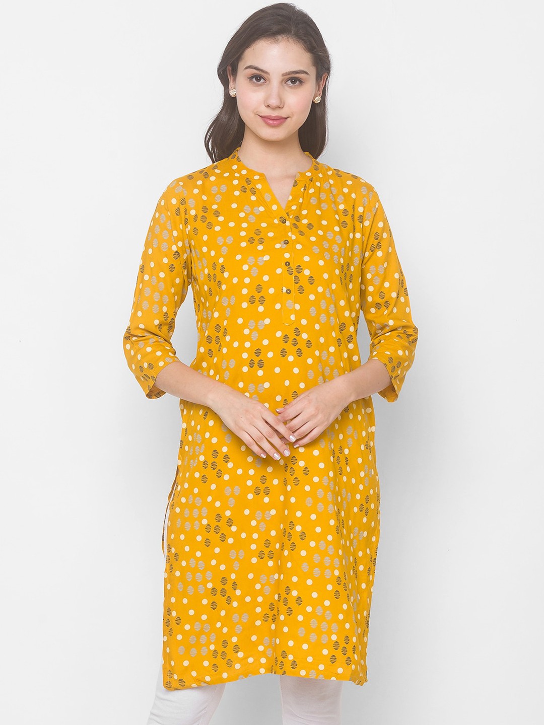 

Globus Women Yellow & White Geometric Printed Cotton Kurta