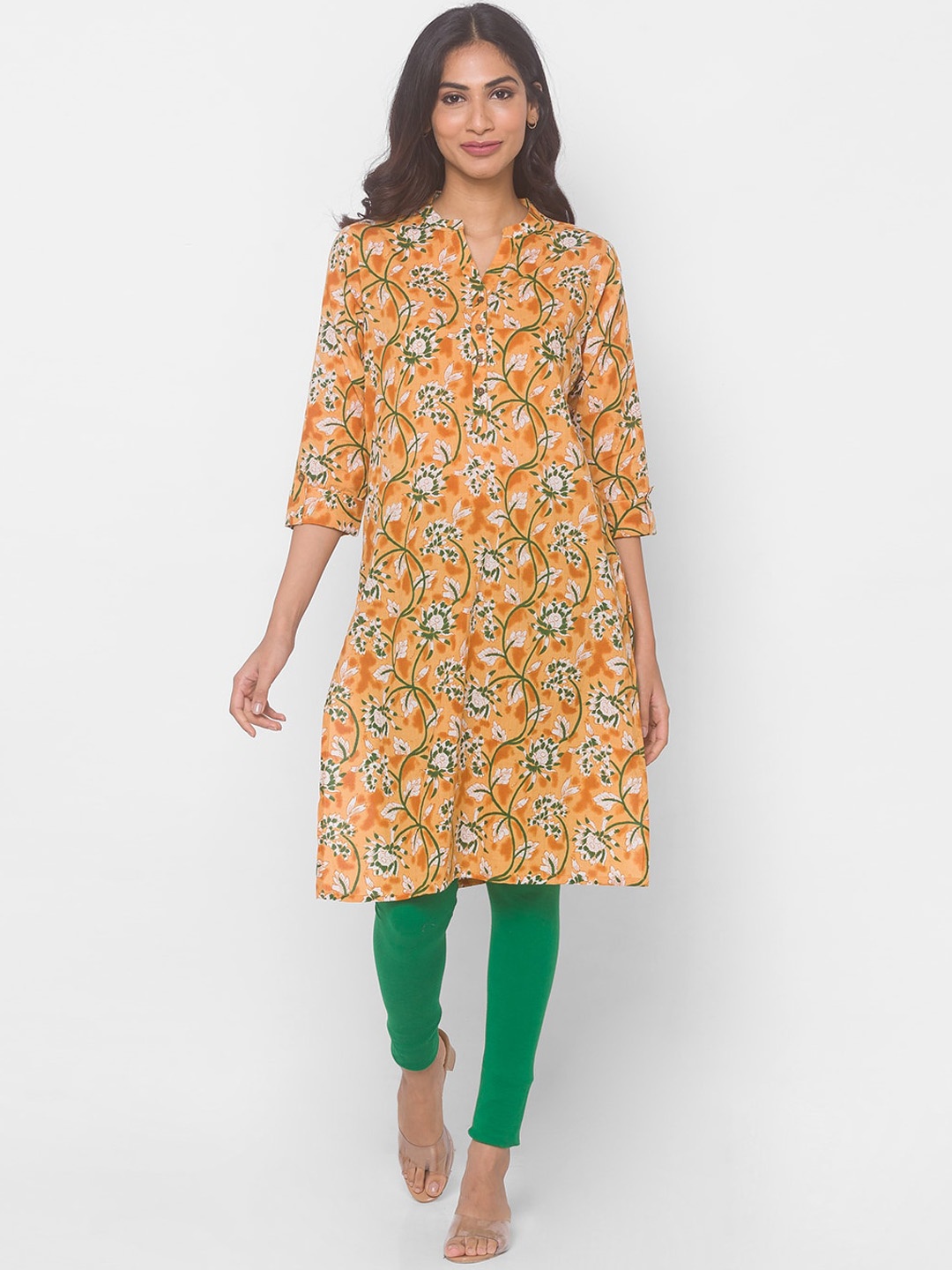 

Globus Women Mustard Yellow Floral Printed Kurta