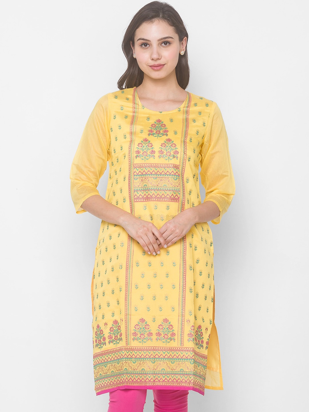 

Globus Women Yellow Paisley Printed Mirror Work Chanderi Silk Chanderi Silk Kurta