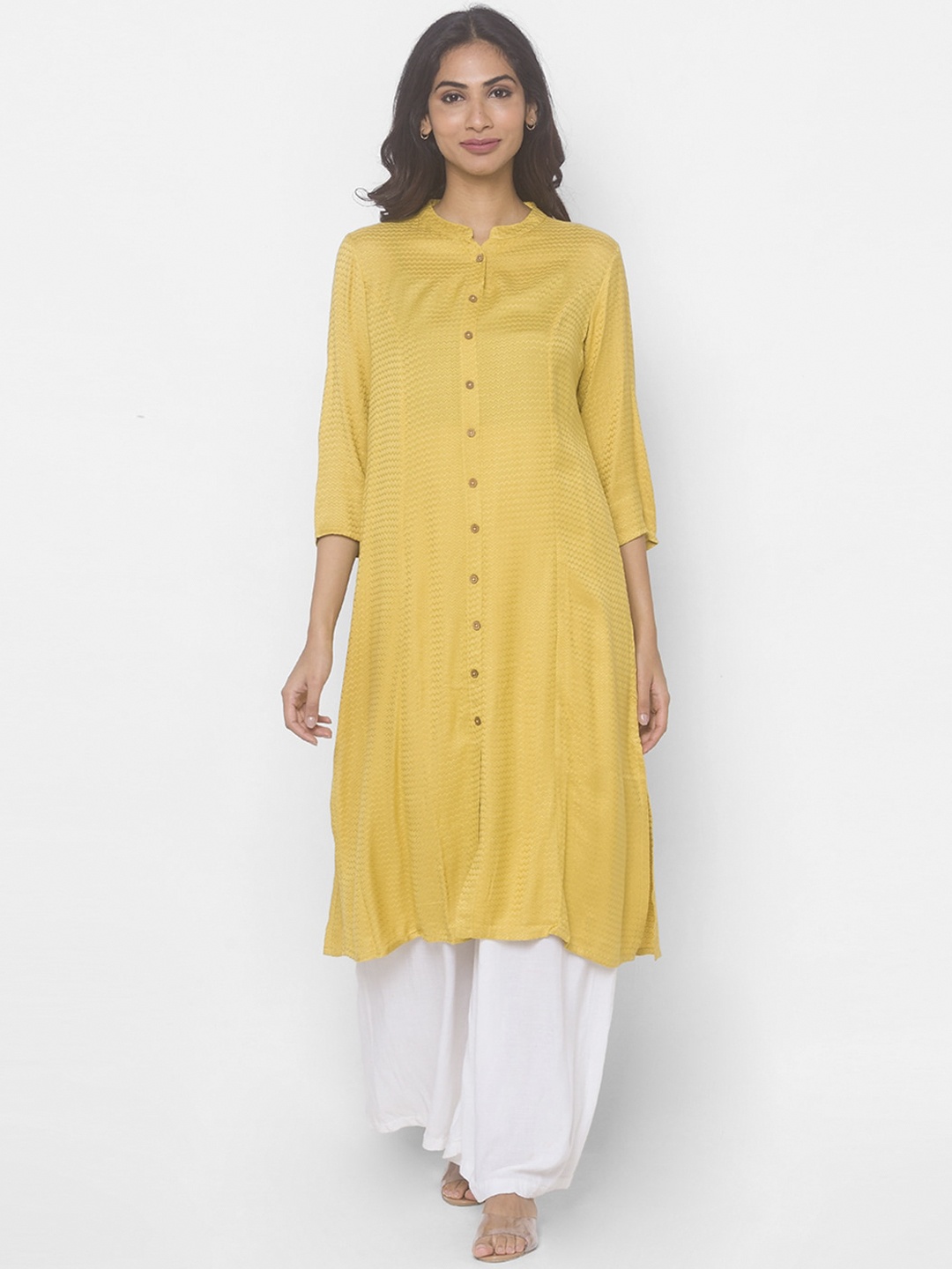 

Globus Women Yellow Striped Thread Work Kurta