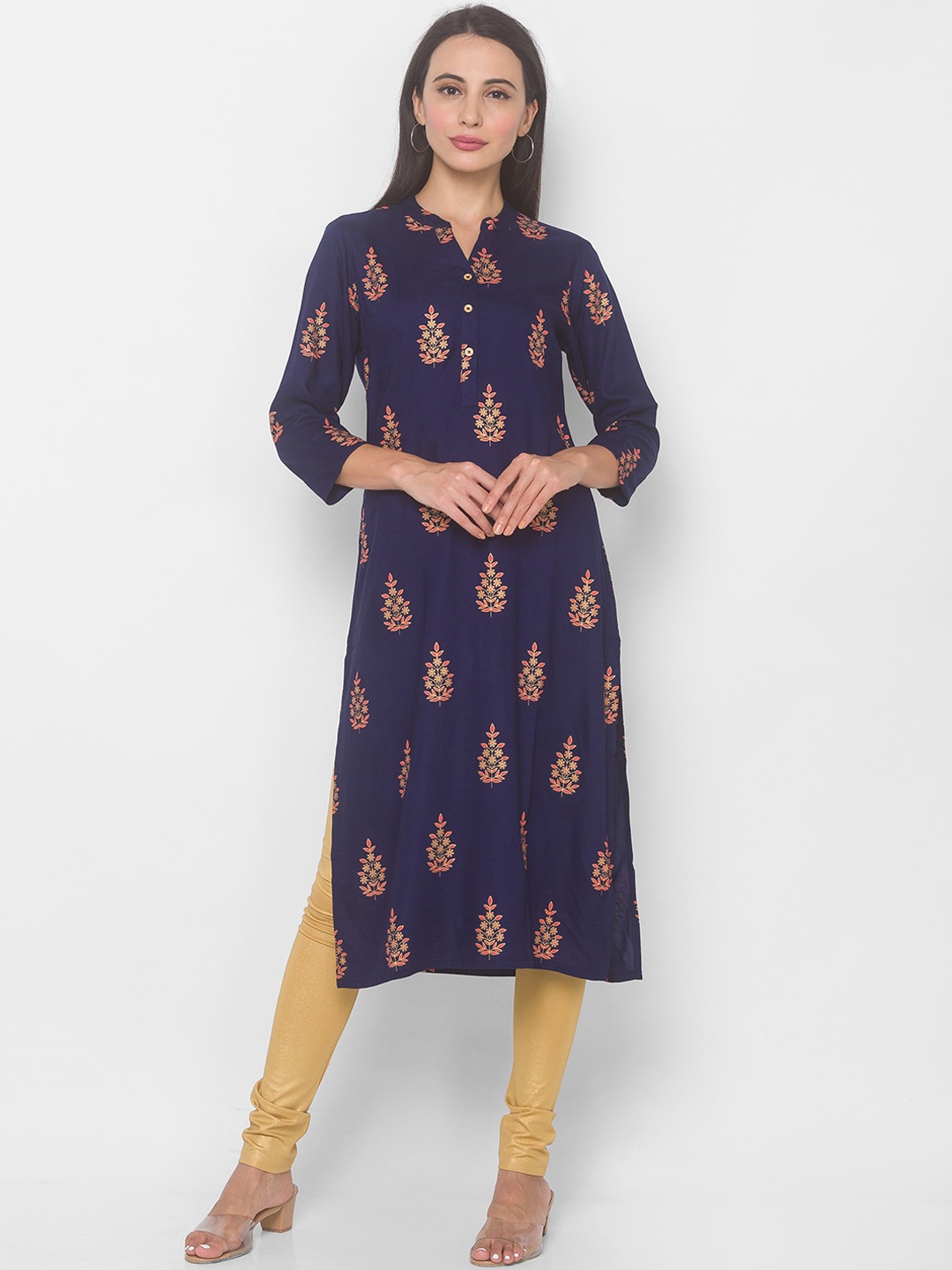 

Globus Women Navy Blue Ethnic Motifs Printed Thread Work Kurta