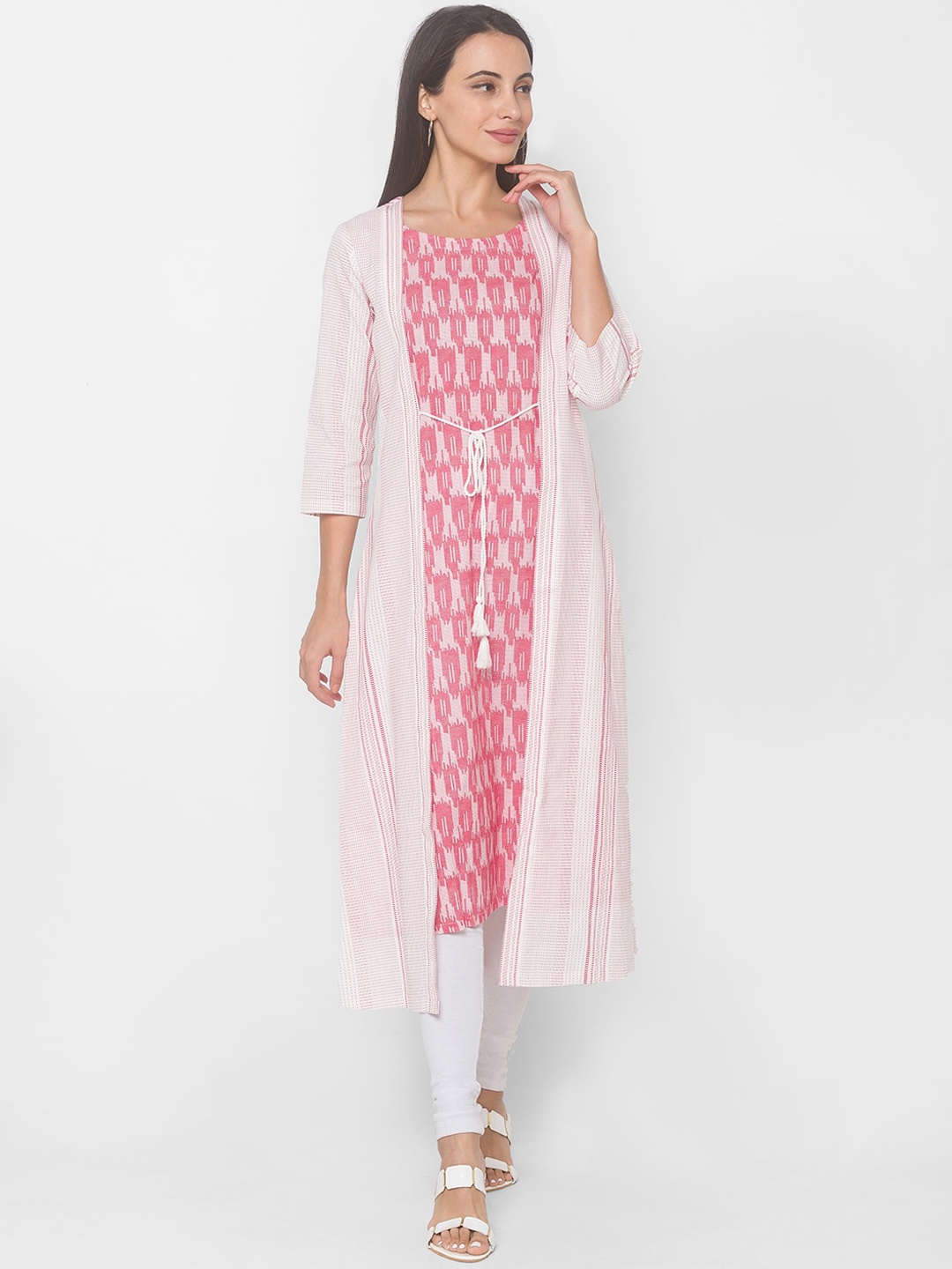 

Globus Women Pink & Off White Ethnic Motifs Printed Layered Cotton Kurta