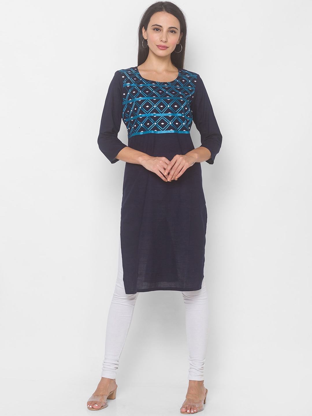 

Globus Women Navy Blue Geometric Yoke Design Thread Work Kurta