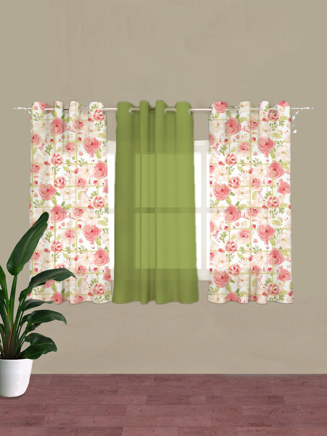 

HOUZZCODE Green & White Set of 3 Floral Room Darkening & Sheer Window Curtains