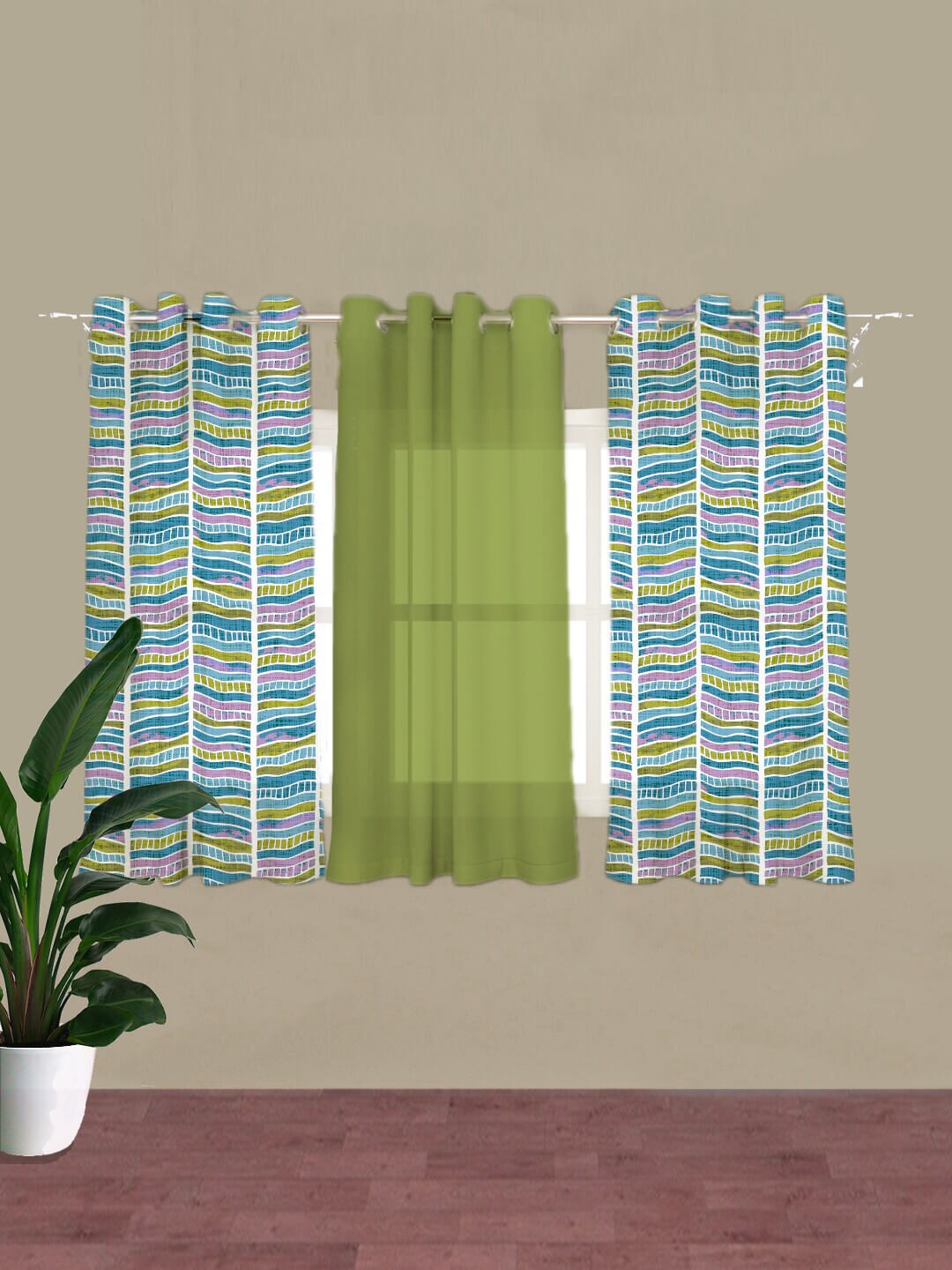 

HOUZZCODE Green & Blue Set of 3 Geometric Room Darkening Door Curtain