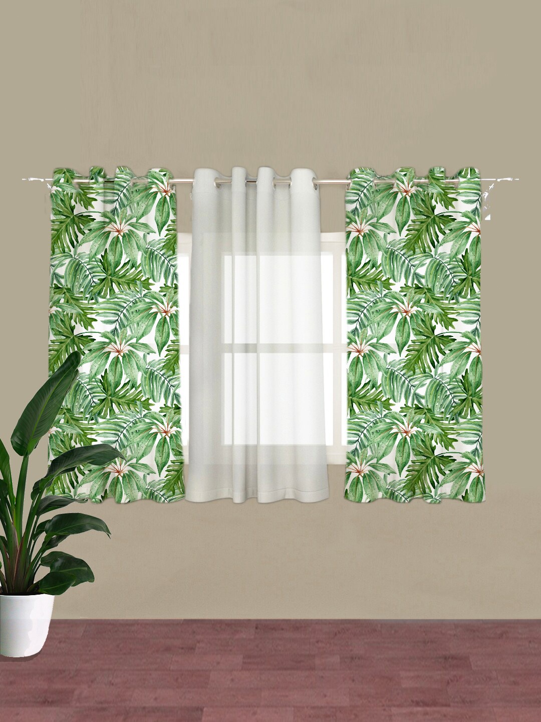 

HOUZZCODE Green & White Set of 3 Floral Room Darkening Door Curtain