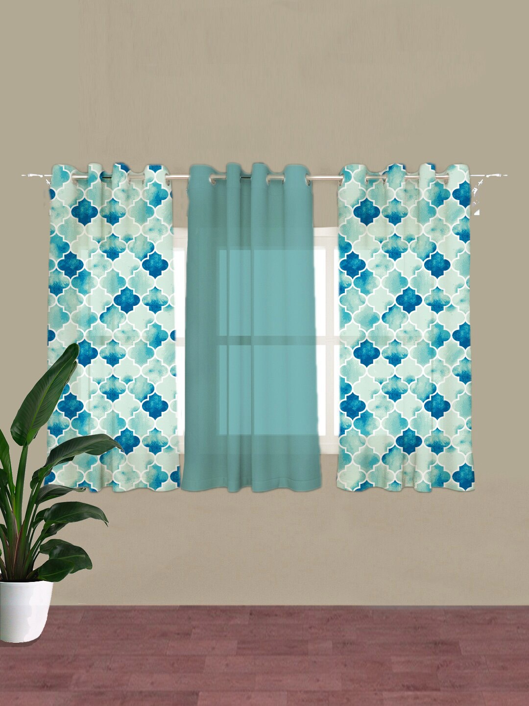 

HOUZZCODE Set of 3 Blue & Green Geometric Vintage Black Out Window Curtain