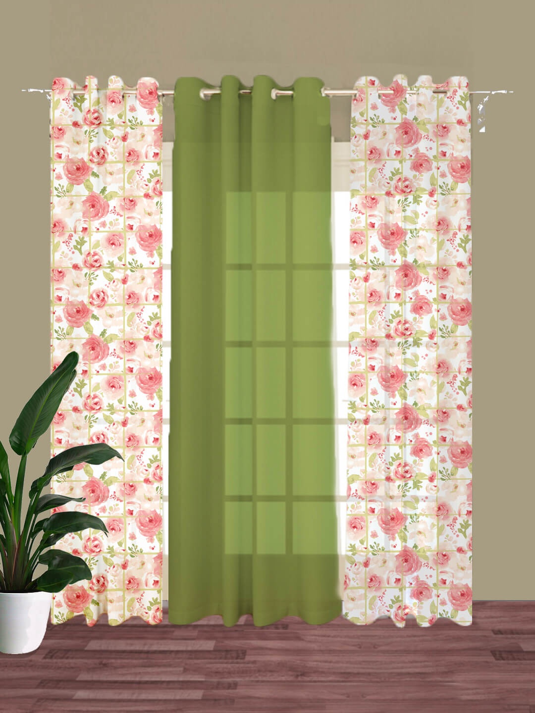 

HOUZZCODE Green & White Set of 3 Floral Sheer Window Curtain