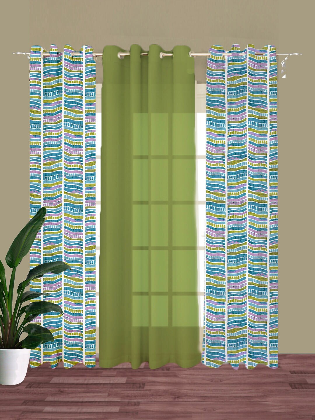 

HOUZZCODE Green & Blue Set of 3 Geometric Room Darkening Window Curtain