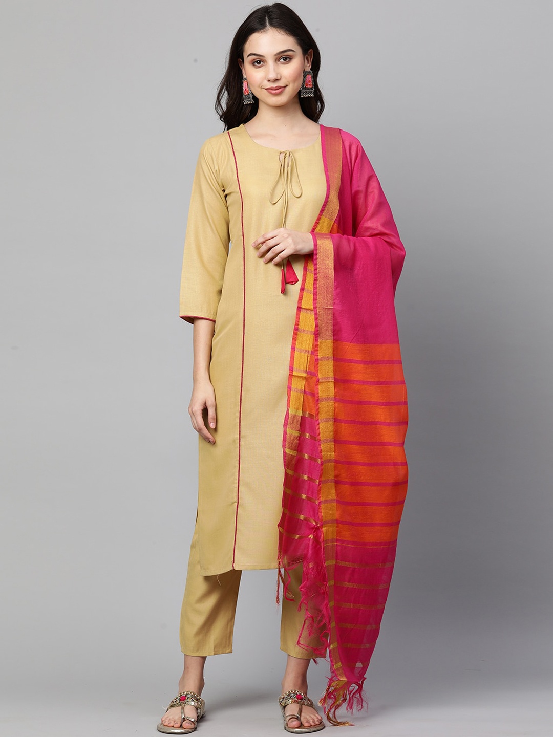 

KALINI Women Beige Panelled Kurti with Trousers & With Dupatta