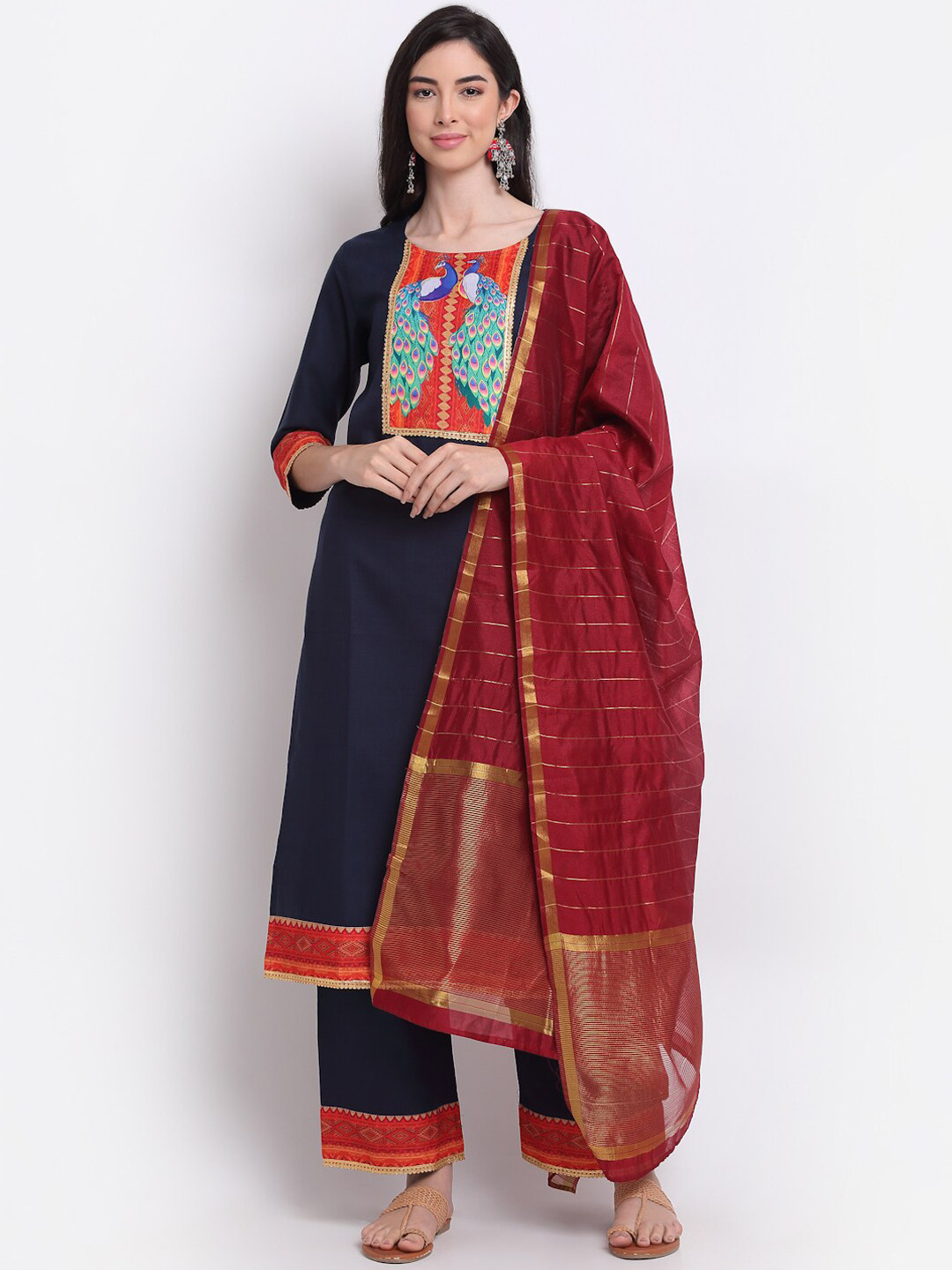

GoSriKi Women Navy Blue Ethnic Motifs Yoke Design Regular Kurta with Trousers & With Dupatta