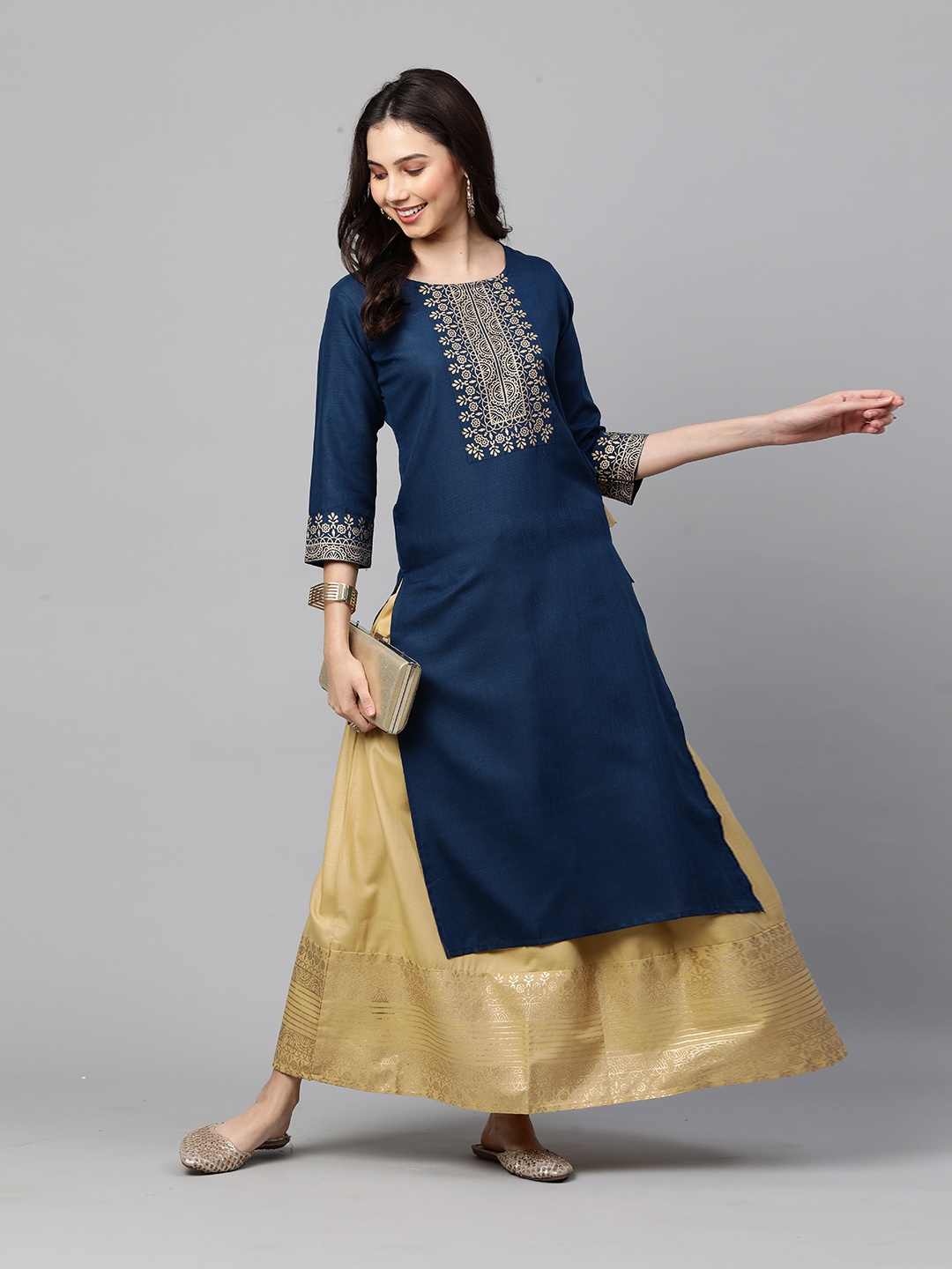 

GoSriKi Women Navy Blue Yoke Design Kurta with Skirt