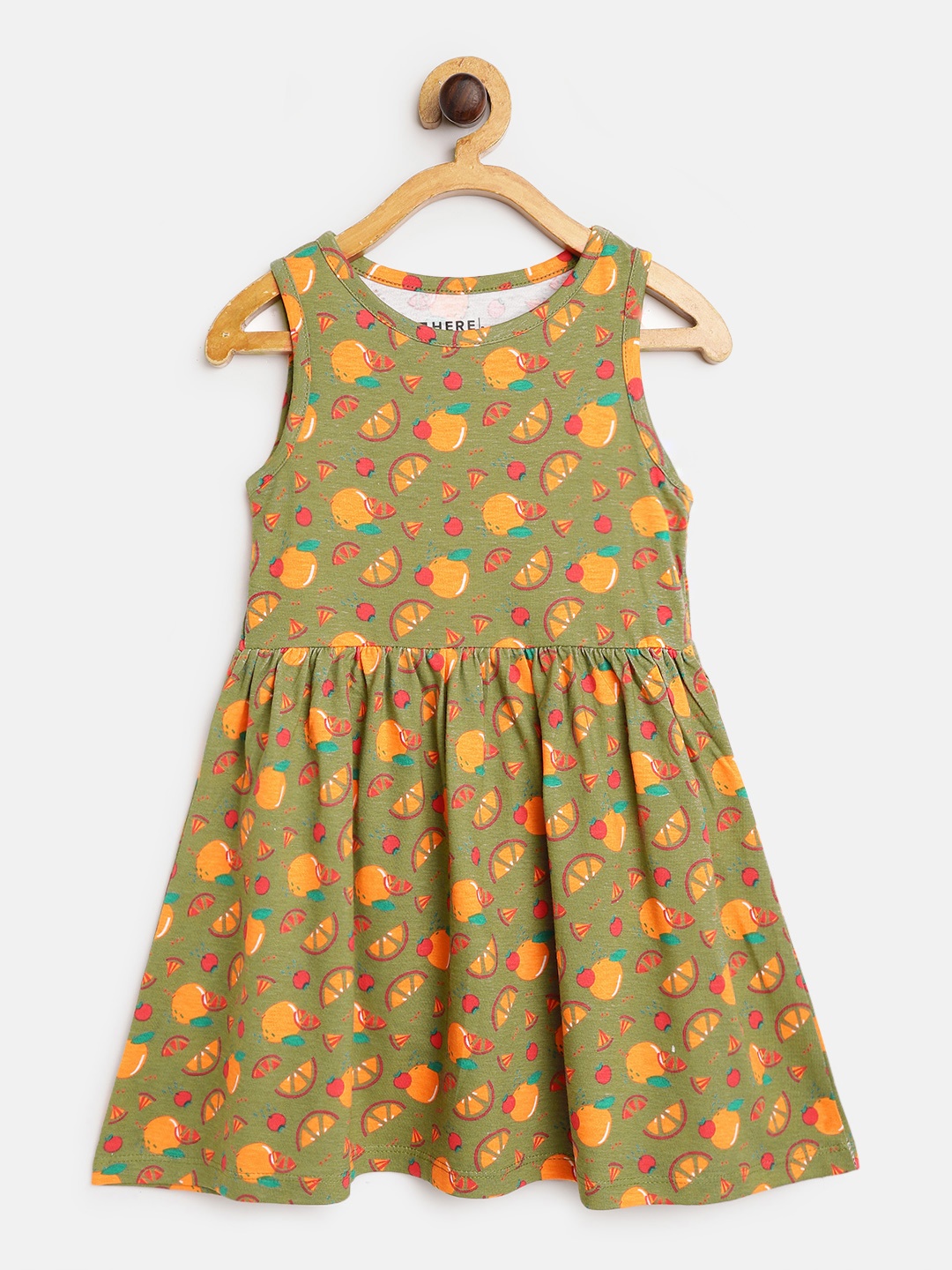 

HERE&NOW Olive Green & Orange Pure Cotton Conversation Print A-Line Dress