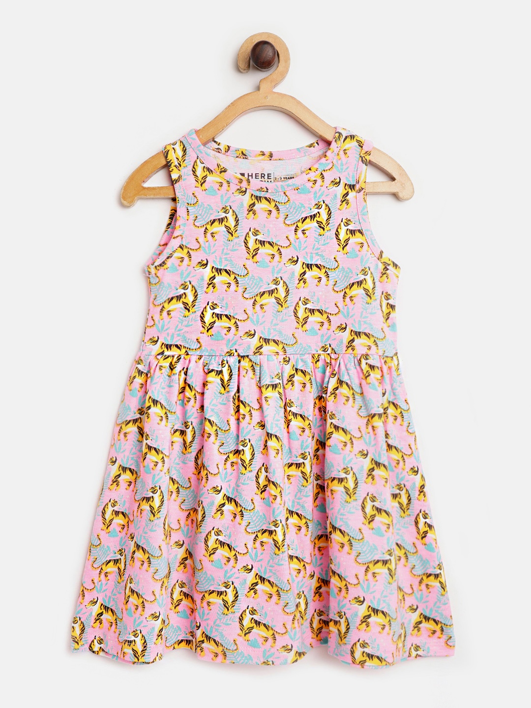 

HERE&NOW Pink & Yellow Pure Cotton Conversational Print A-Line Dress