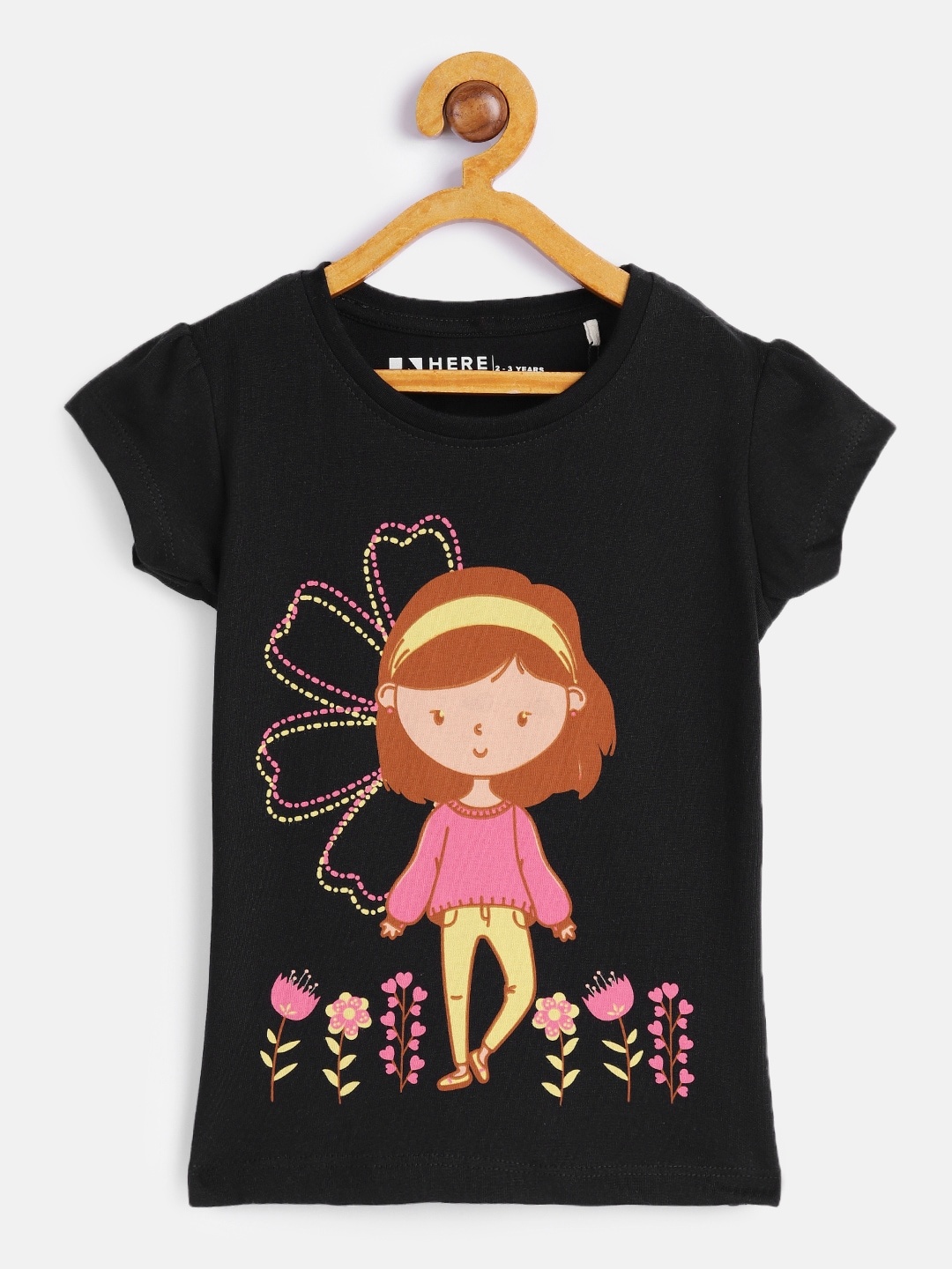 

HERE&NOW Girls Black Printed Pure Cotton T-shirt