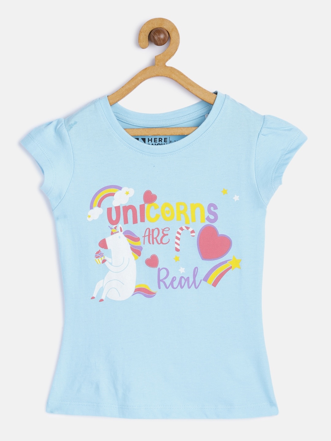 

HERE&NOW Girls Blue Typography Printed Round Neck Cap Sleeves Cotton Regular T-shirt