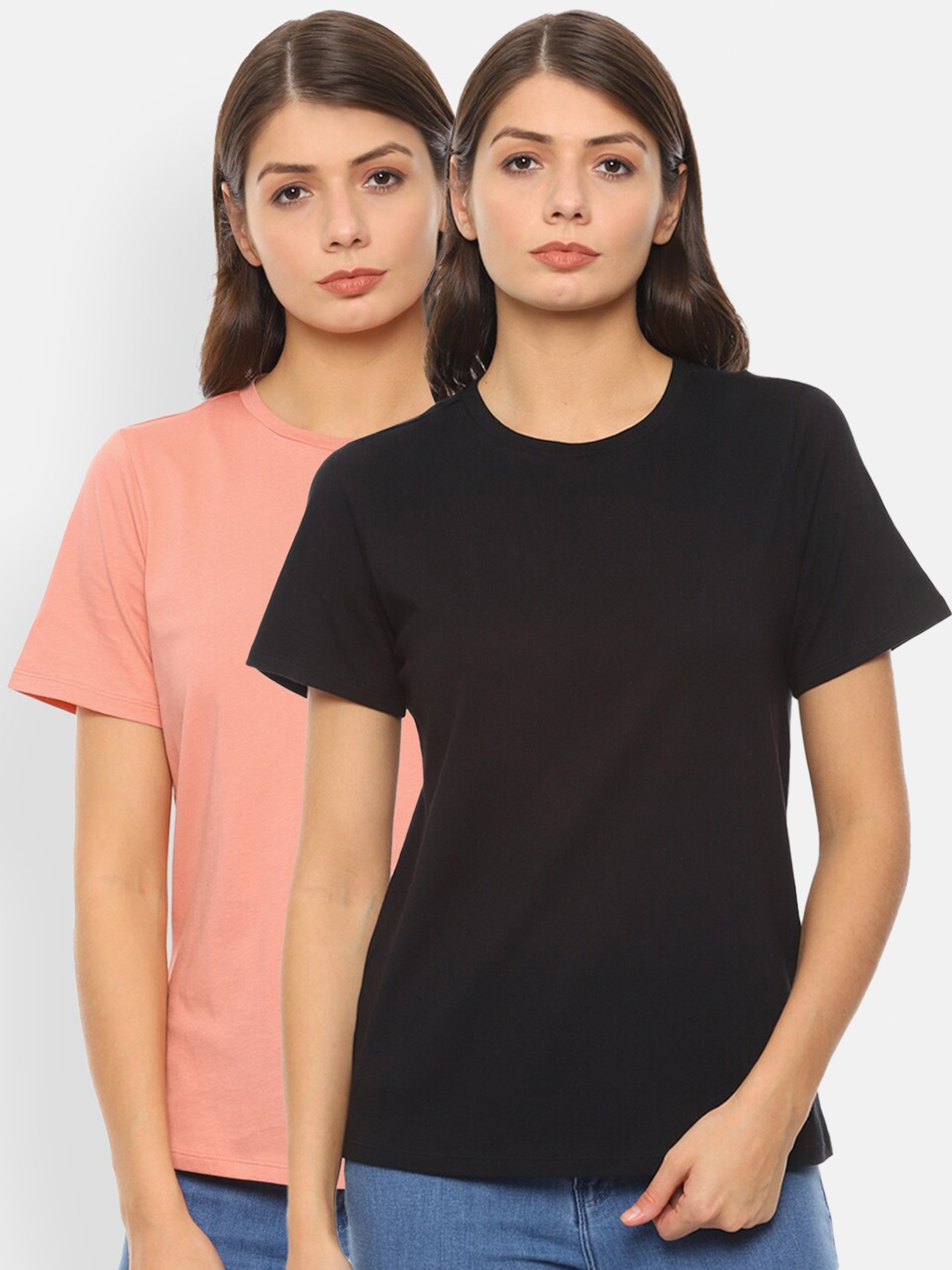 

Van Heusen Woman Pack of 2 Pink & Black Solid Pure Cotton T-shirts