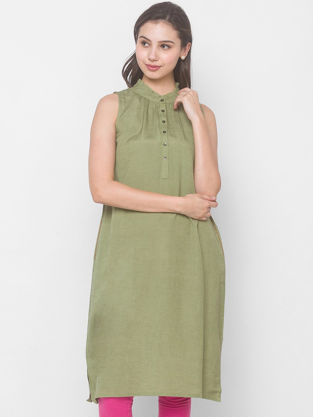 

Globus Women Olive Green Thread Work Kurta