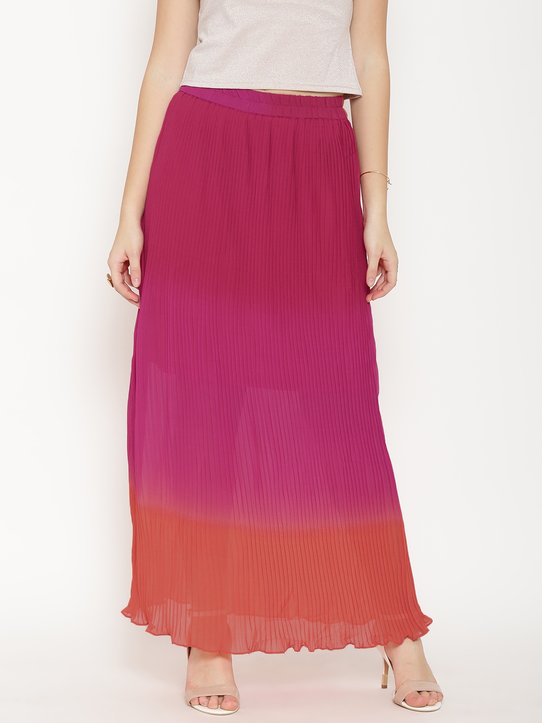 

Global Desi Pink & Orange Ombre-Dyed Accordion Pleat Maxi Skirt