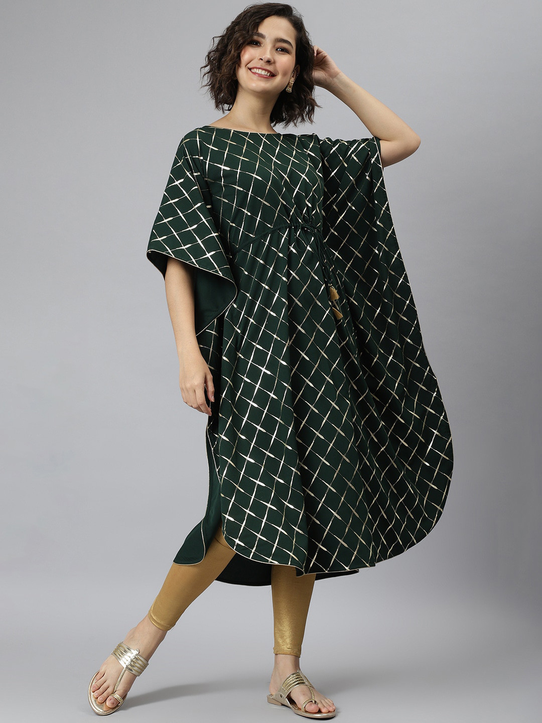 

Janasya Women Green Geometric Printed Thread Work Crepe Anarkali Kurta