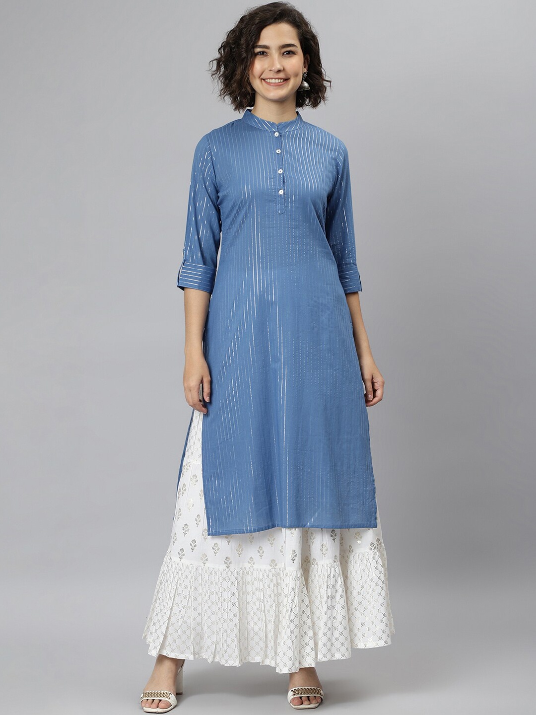 

Janasya Women Blue Striped Cotton Kurta