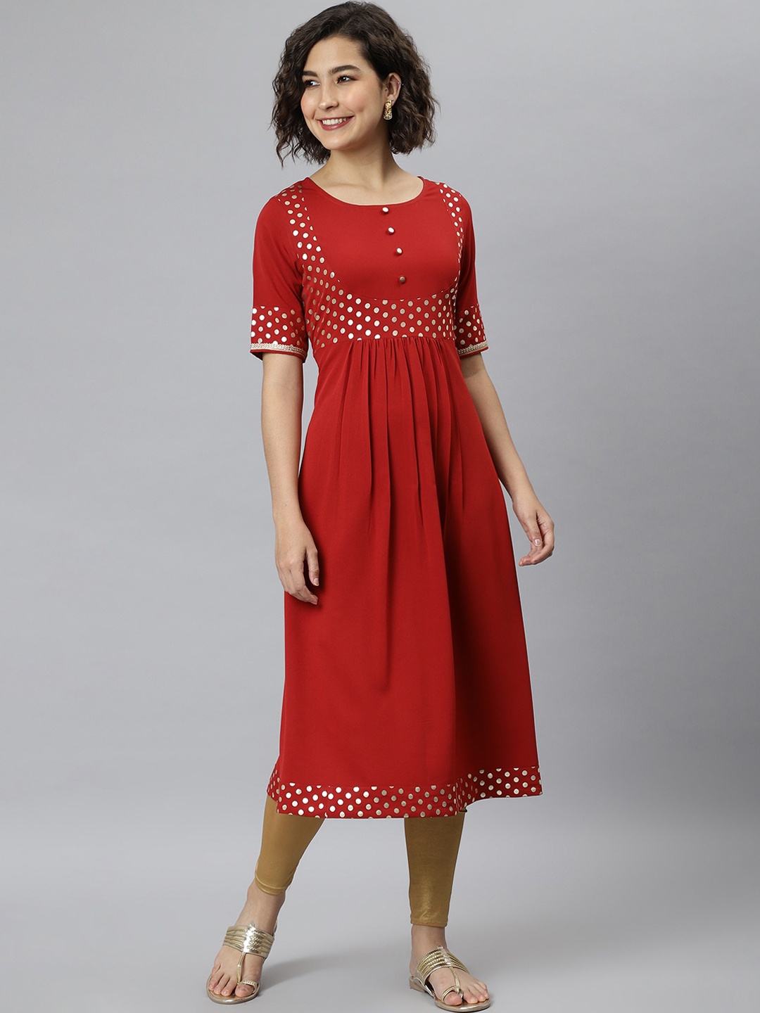 

Janasya Women Maroon Geometric Yoke Design Thread Work Crepe Anarkali Kurta
