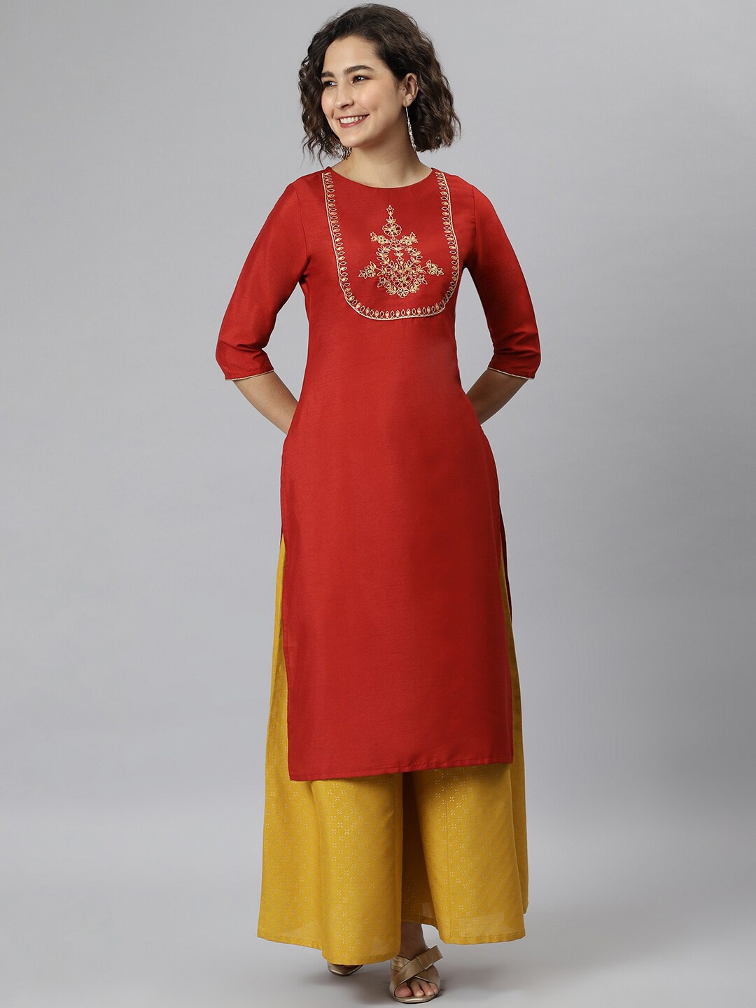 

Janasya Women Red Yoke Design Thread Work Kurta