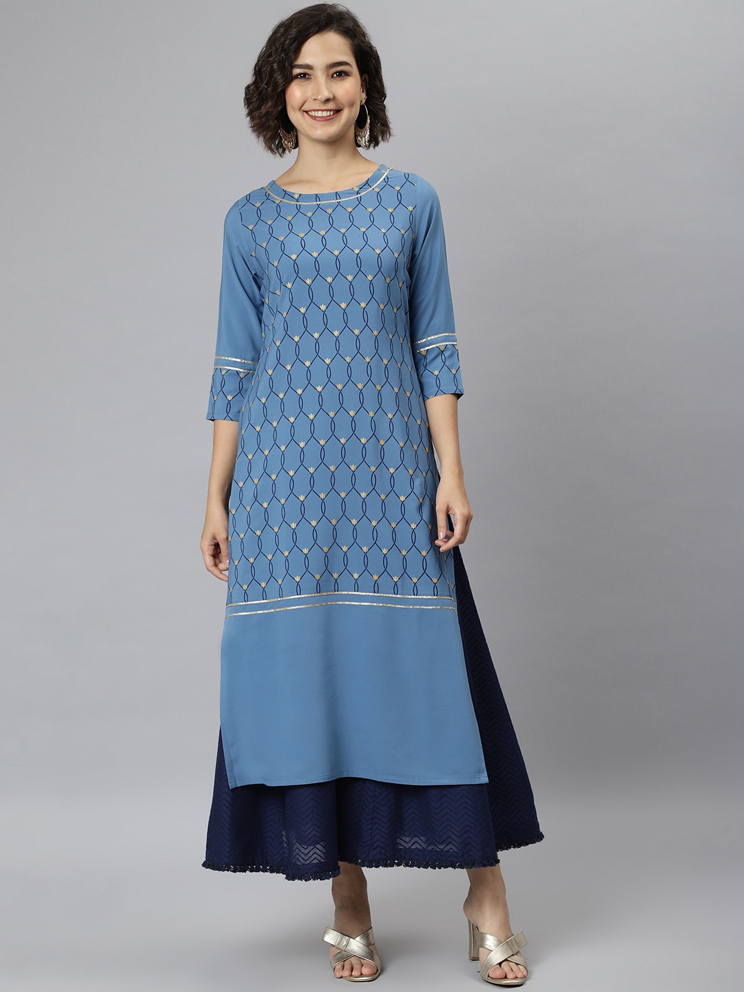 

Janasya Women Blue Ethnic Motifs Printed Gotta Patti Crepe Kurta